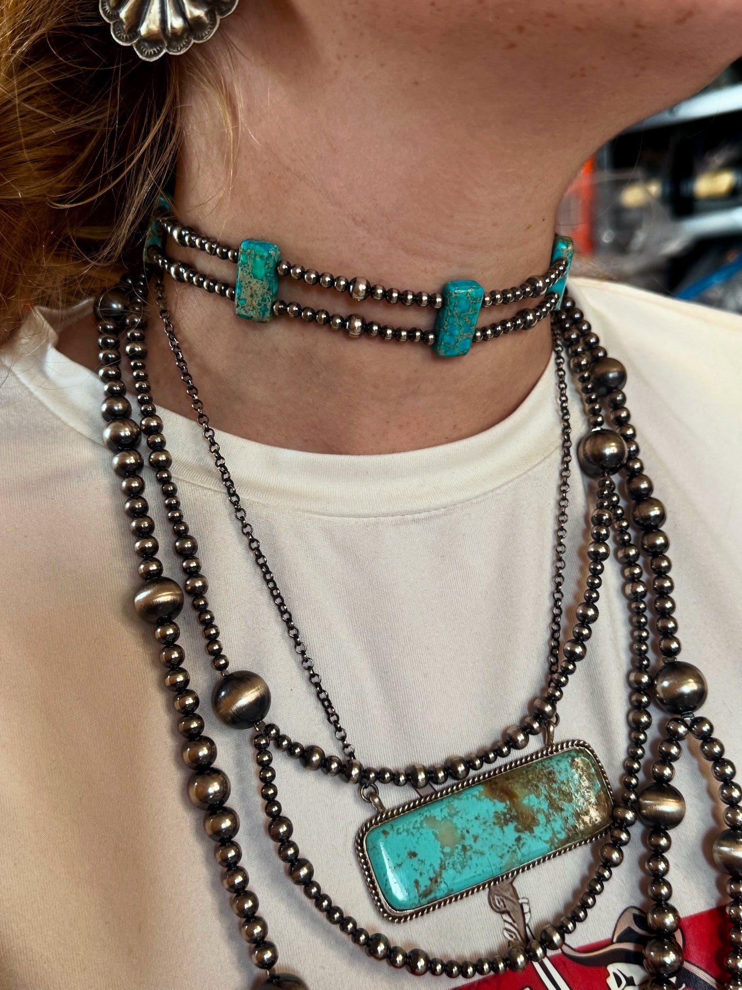 Sterling Silver Double Strand Pearls with Green/Blue Variscite Choker Necklace – 13”
