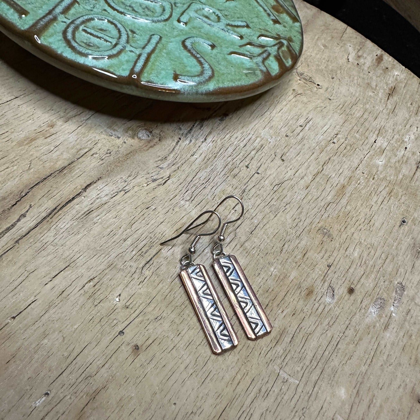 Stamped Sterling Silver and Copper Dangle Earrings