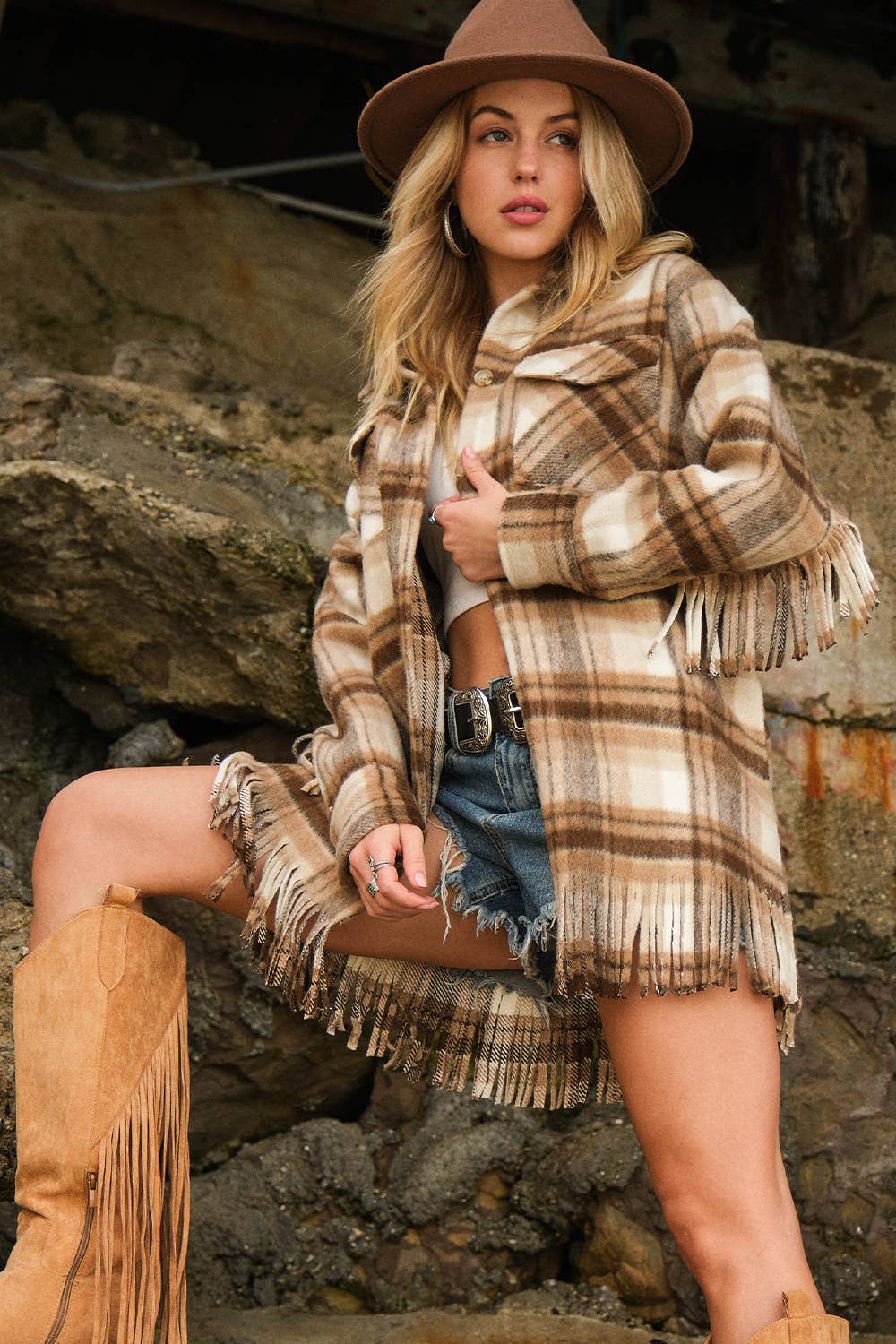 Brown Plaid Fringe Flannel Jacket