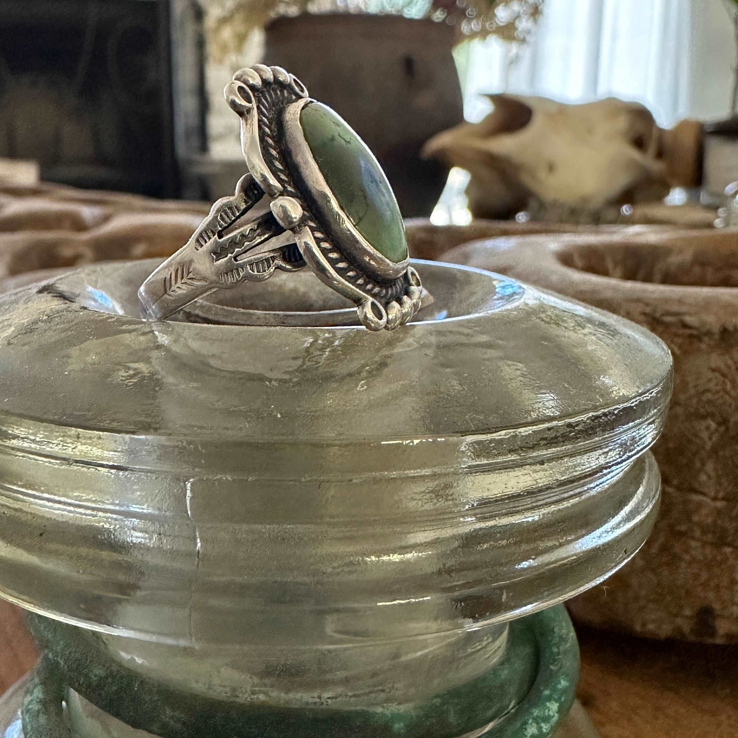 Vintage Navajo sterling silver Ring with blue-green turquoise stone -side view of stamp detail