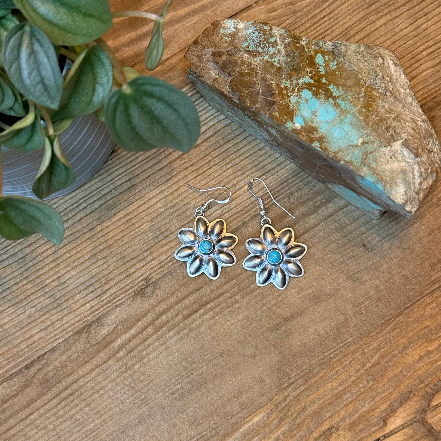 Sterling Silver Flower Earrings with Kingman Turquoise