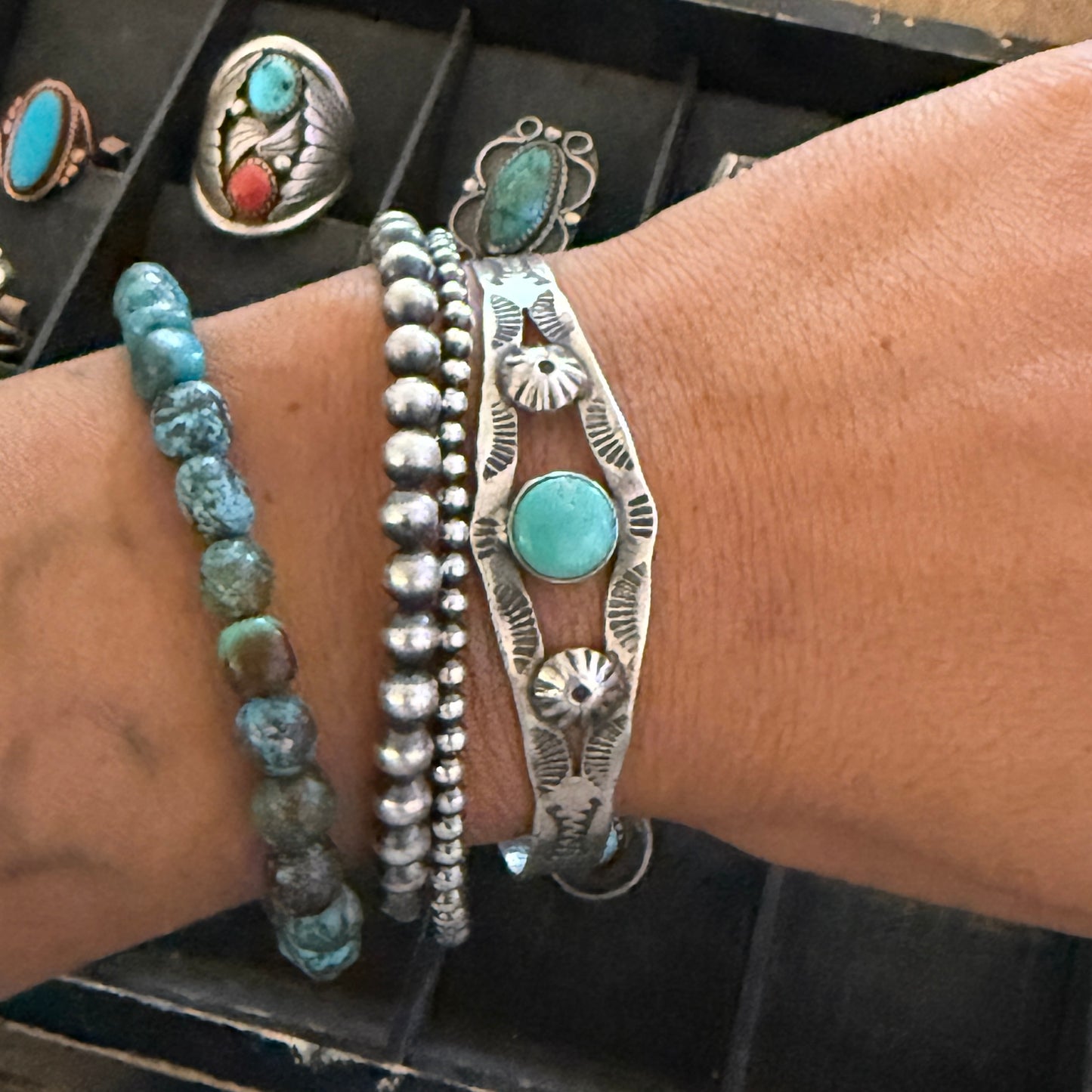 Vintage Fred Harvey Era Sterling Silver Turquoise Cuff Bracelet