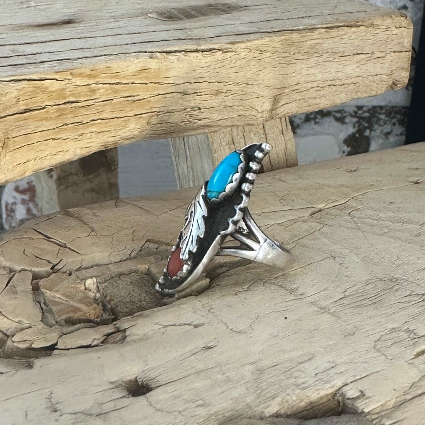 Size 6.5 Vintage Navajo Sterling Silver Maisel’s Trading Post Coral Turquoise Ring - High Voltage Ranch