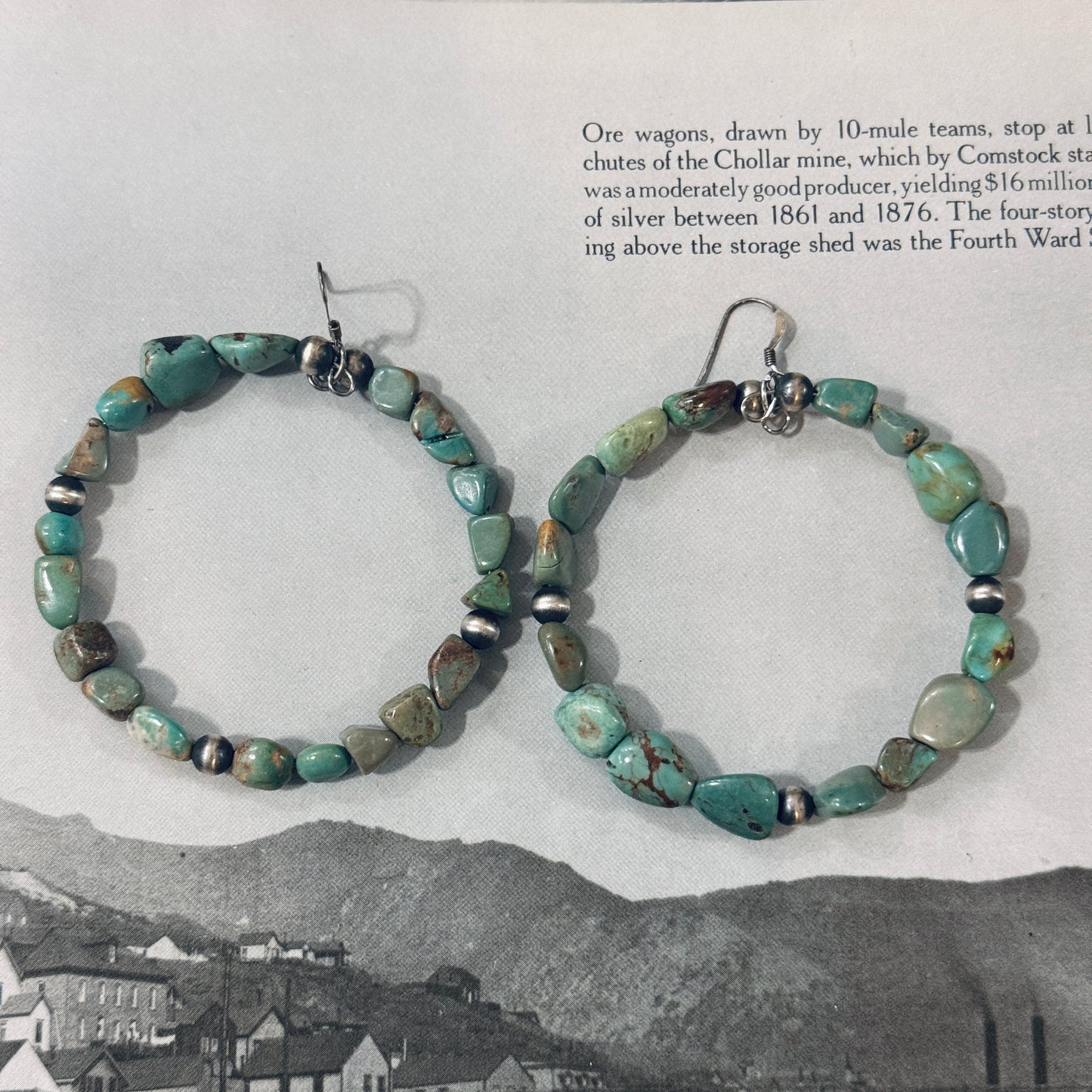 Chunky Earthy Turquoise and Sterling Desert Pearl Hoop Earrings