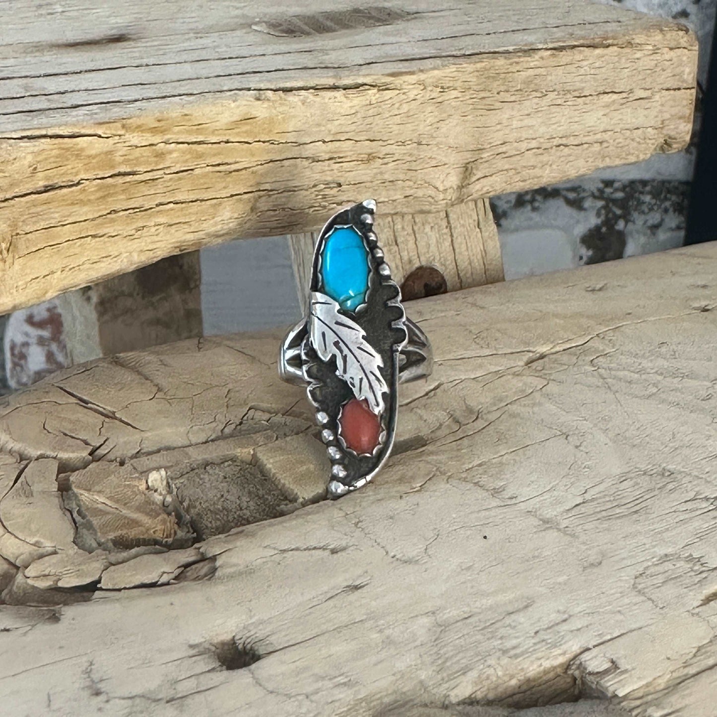 Size 6.5 Vintage Navajo Sterling Silver Maisel’s Trading Post Coral Turquoise Ring - High Voltage Ranch