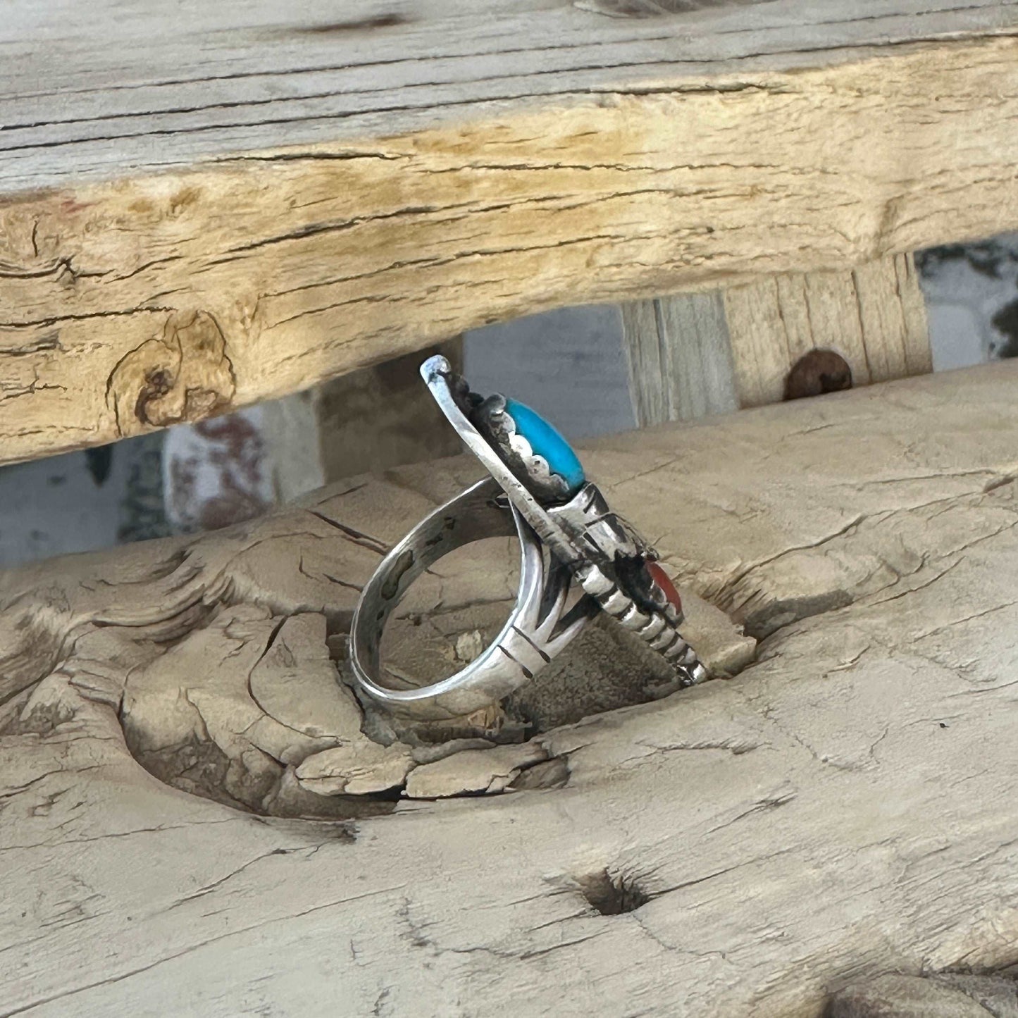Size 6.5 Vintage Navajo Sterling Silver Maisel’s Trading Post Coral Turquoise Ring - High Voltage Ranch