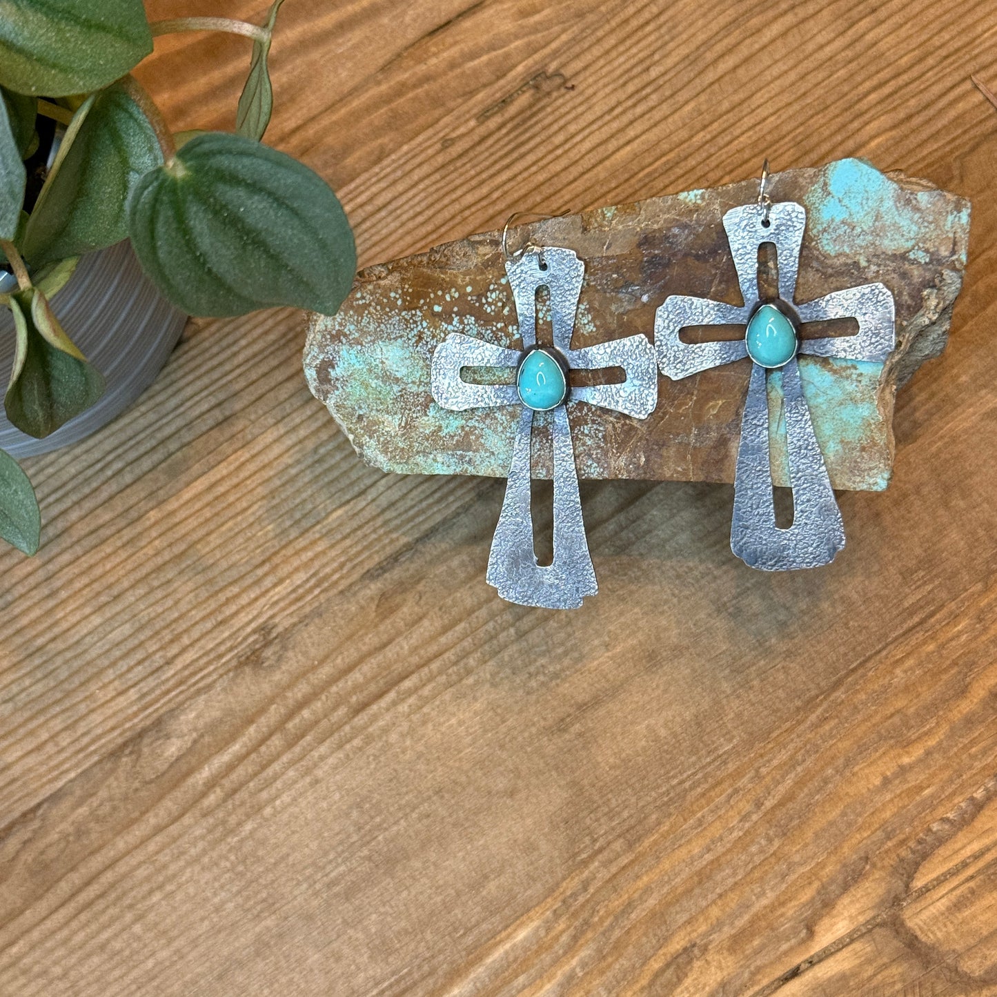 Sterling Silver Cross Earrings with Genuine Turquoise