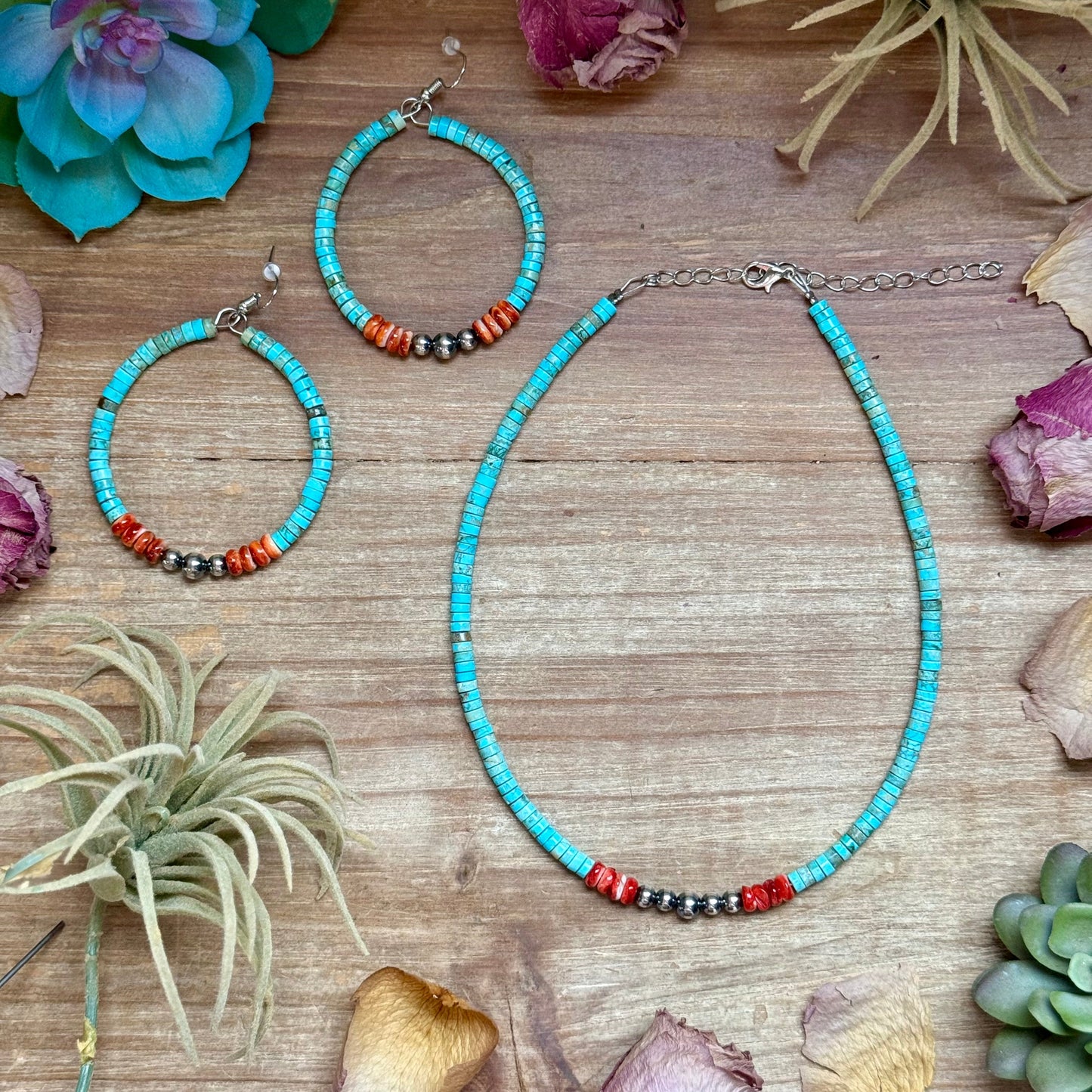 Variscite Choker with Spiny Oyster & Sterling Silver Pearls - 14”