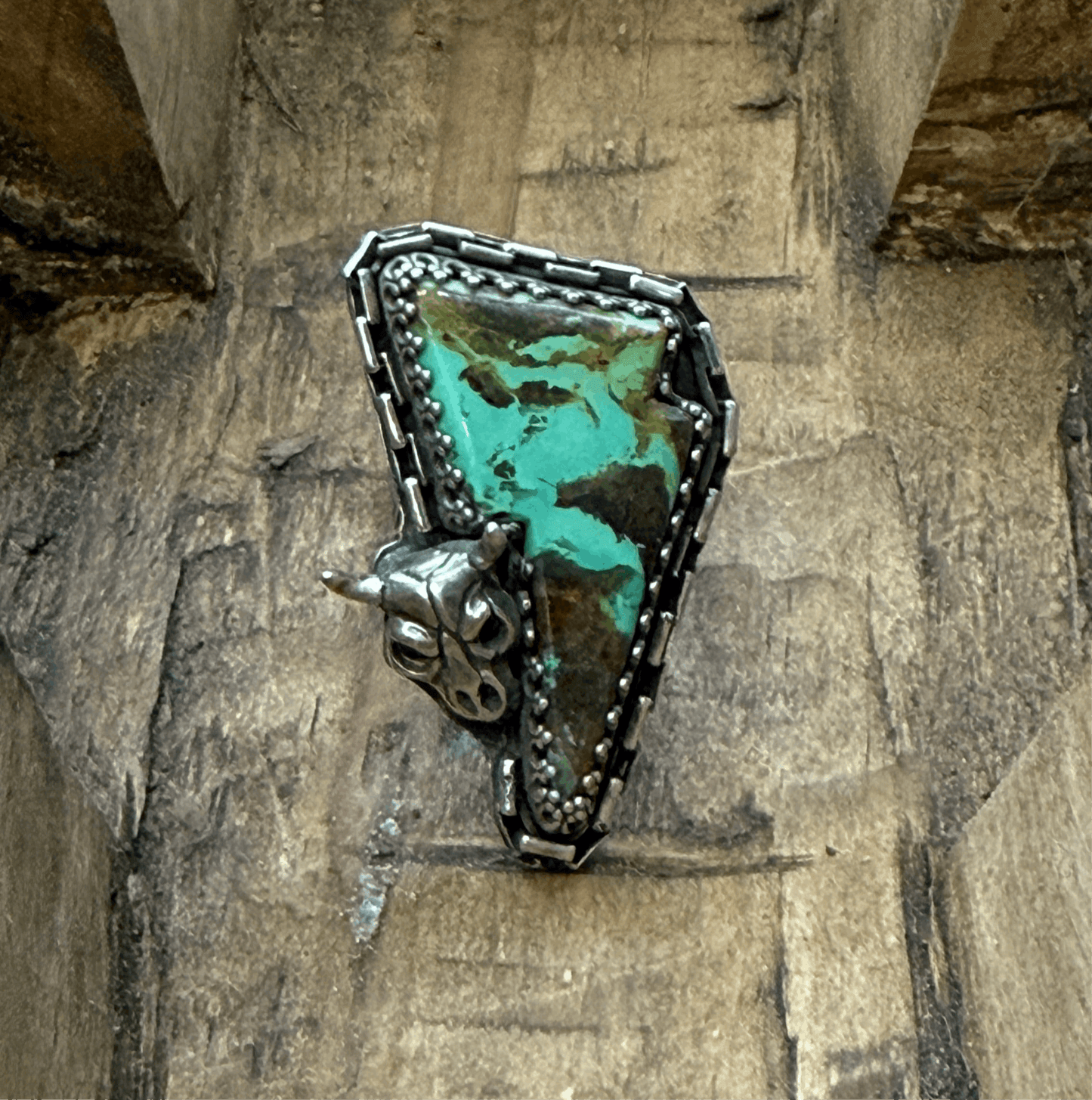 Size 7.5 Sterling Silver Western Skull Turquoise Bolt Ring