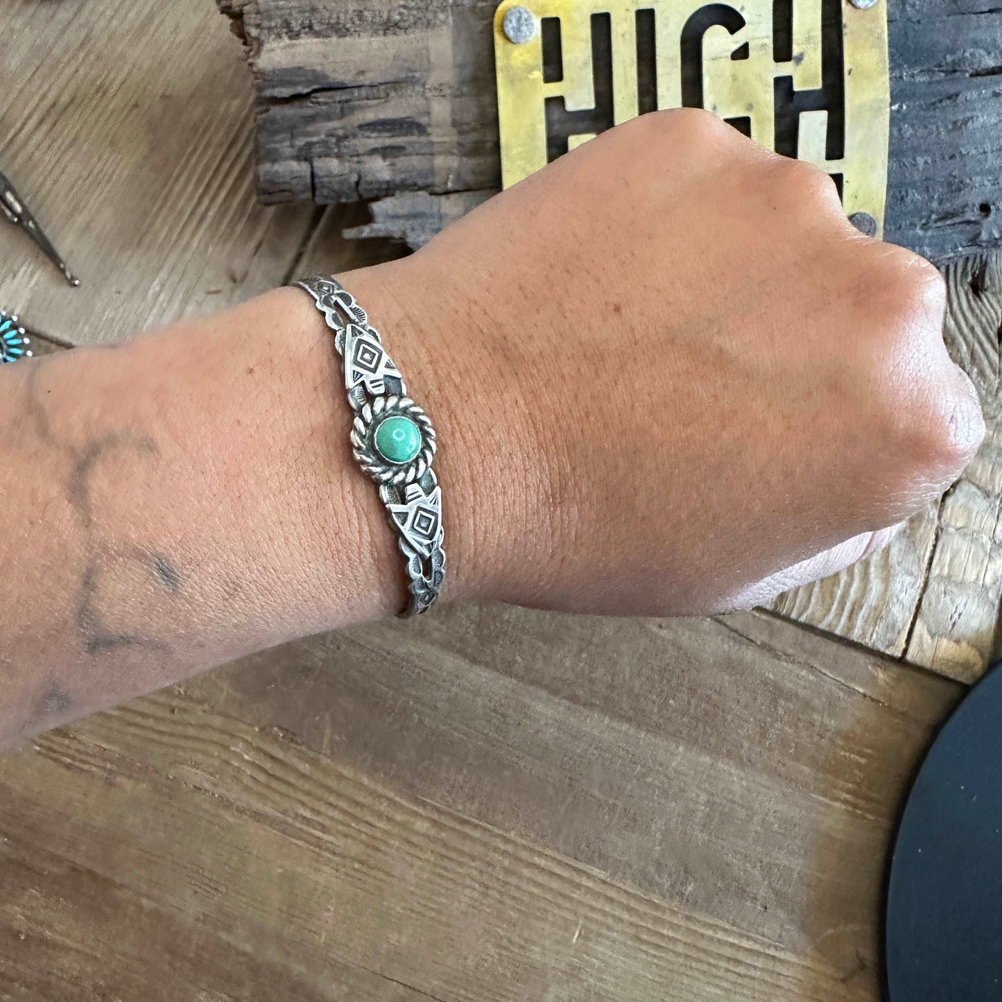 Petite Vintage Harvey Era Navajo Sterling Silver Turquoise Cuff Bracelet - High Voltage Ranch