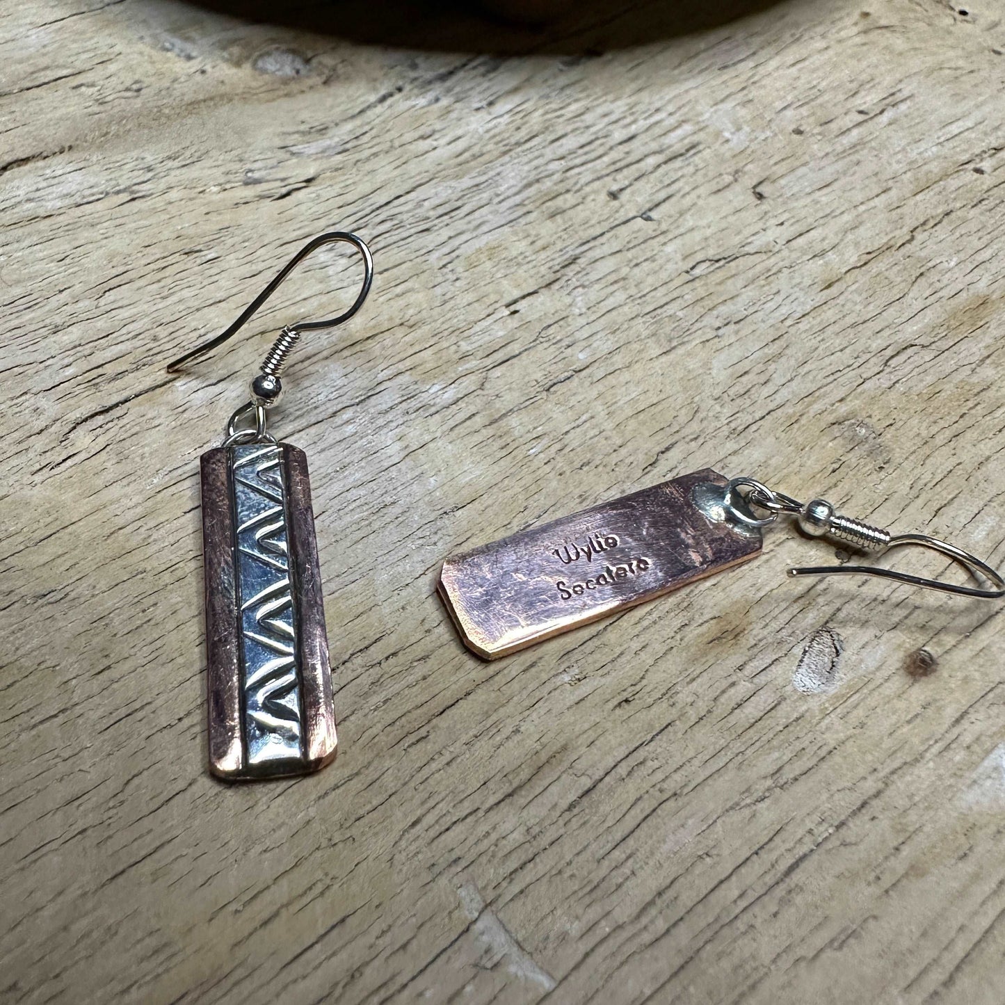 Stamped Sterling Silver and Copper Dangle Earrings