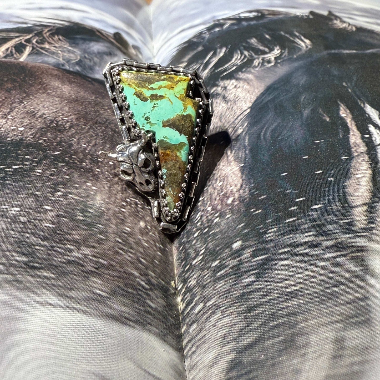 Size 7.5 Sterling Silver Western Skull Turquoise Bolt Ring