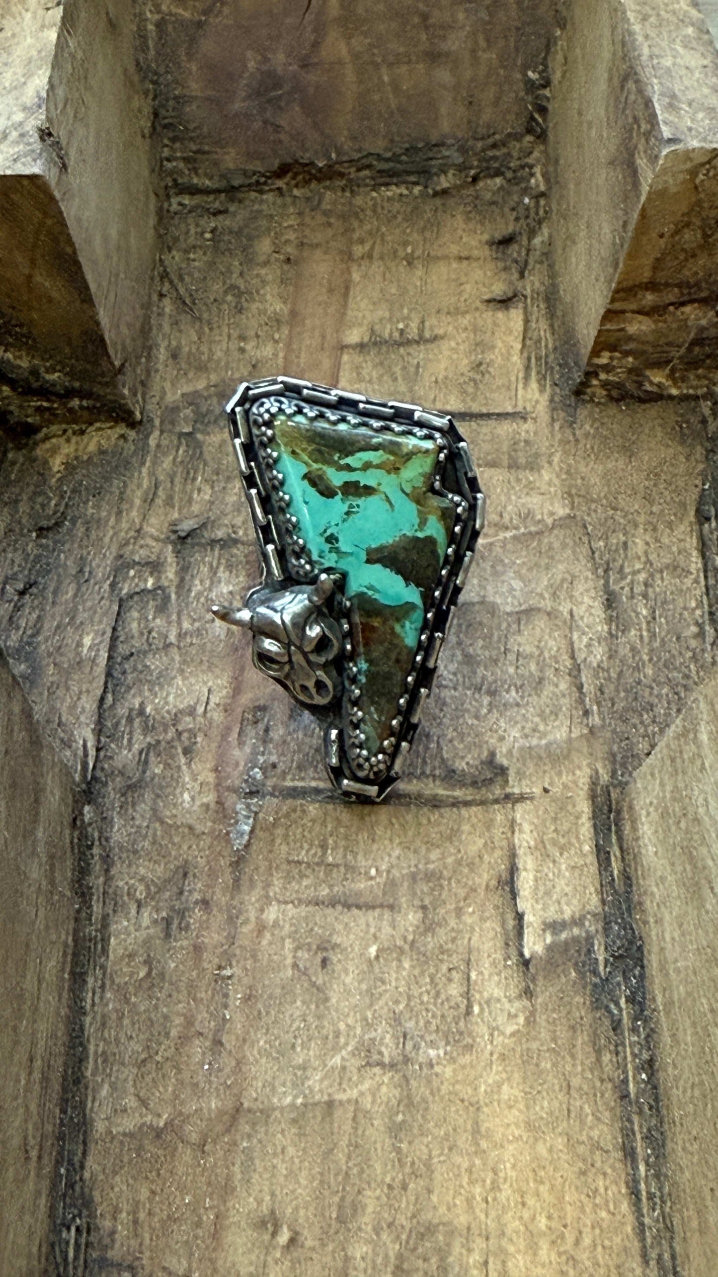 Size 7.5 Sterling Silver Western Skull Turquoise Bolt Ring