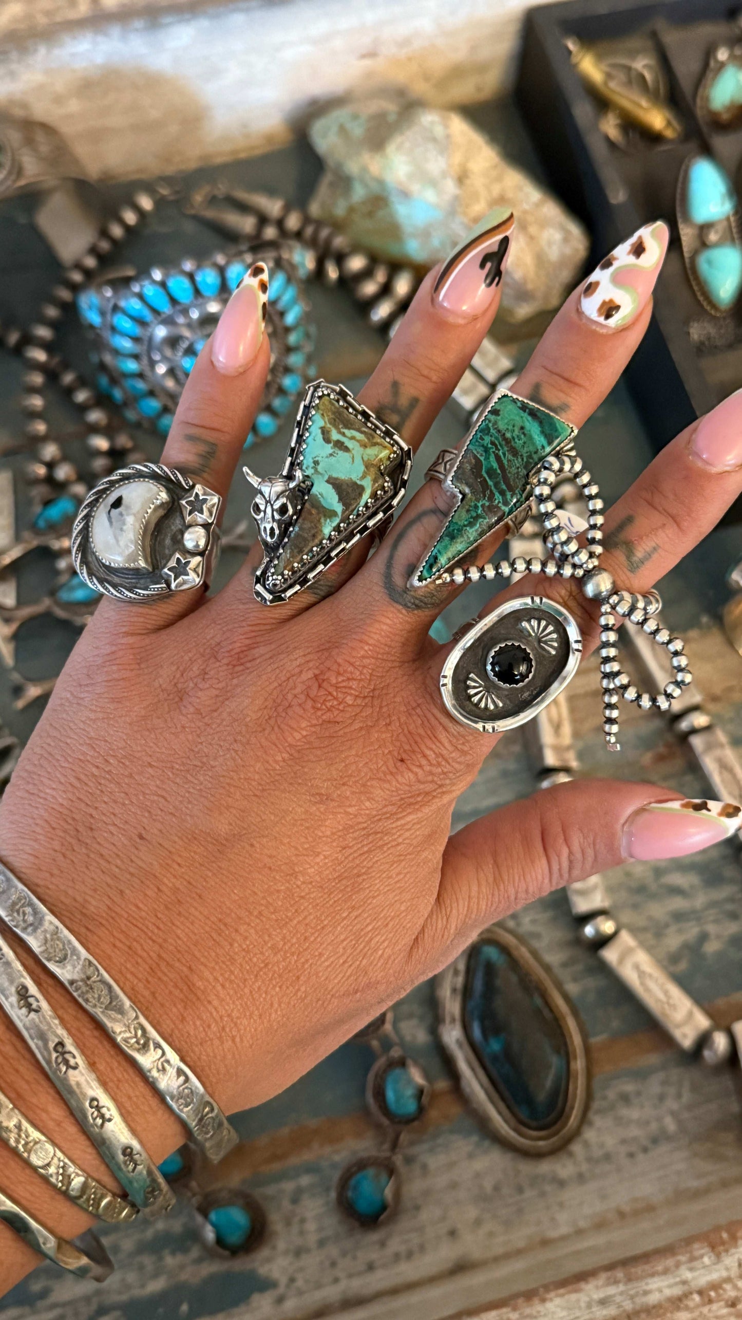 Size 7.5 Sterling Silver Western Skull Turquoise Bolt Ring