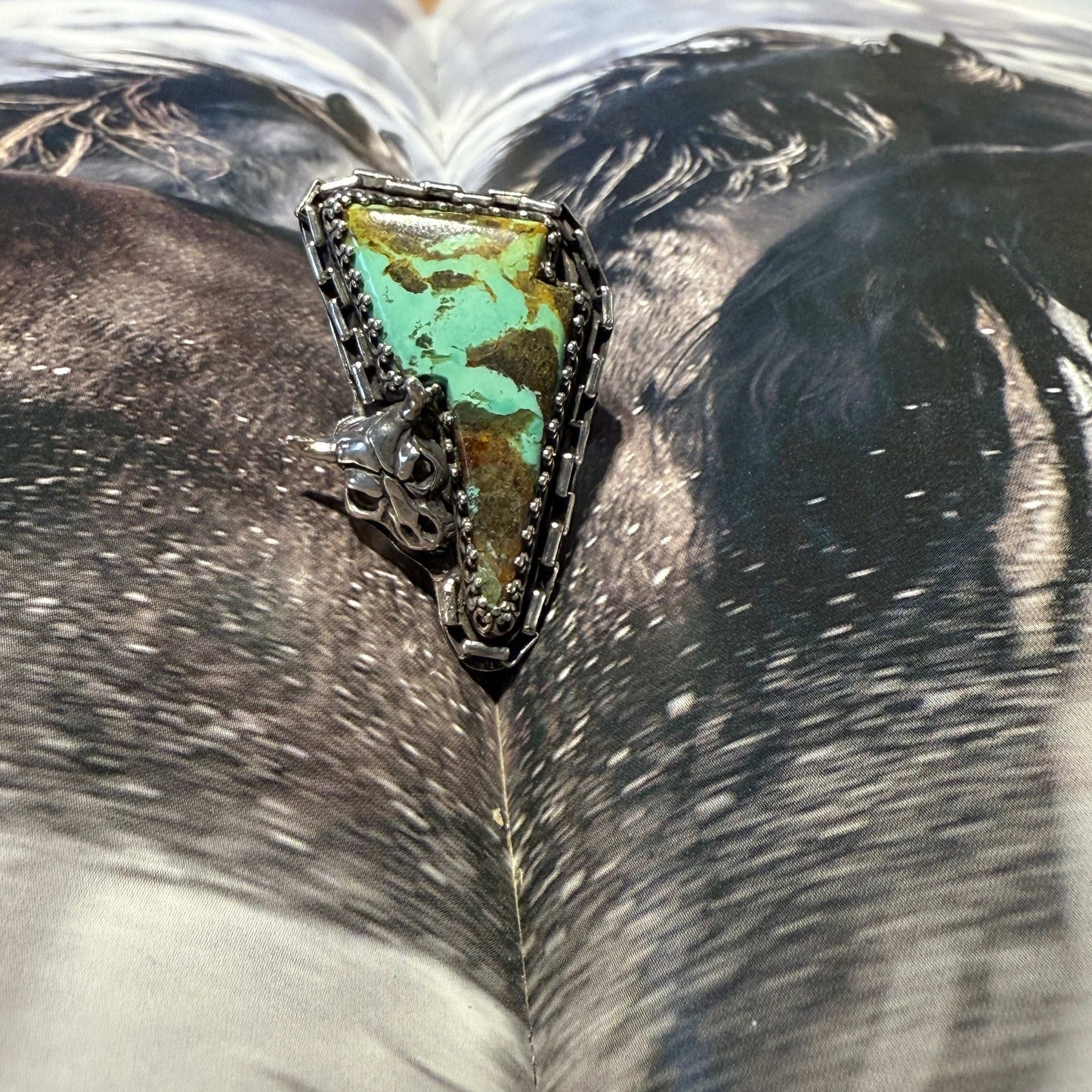 Size 7.5 Sterling Silver Western Skull Turquoise Bolt Ring