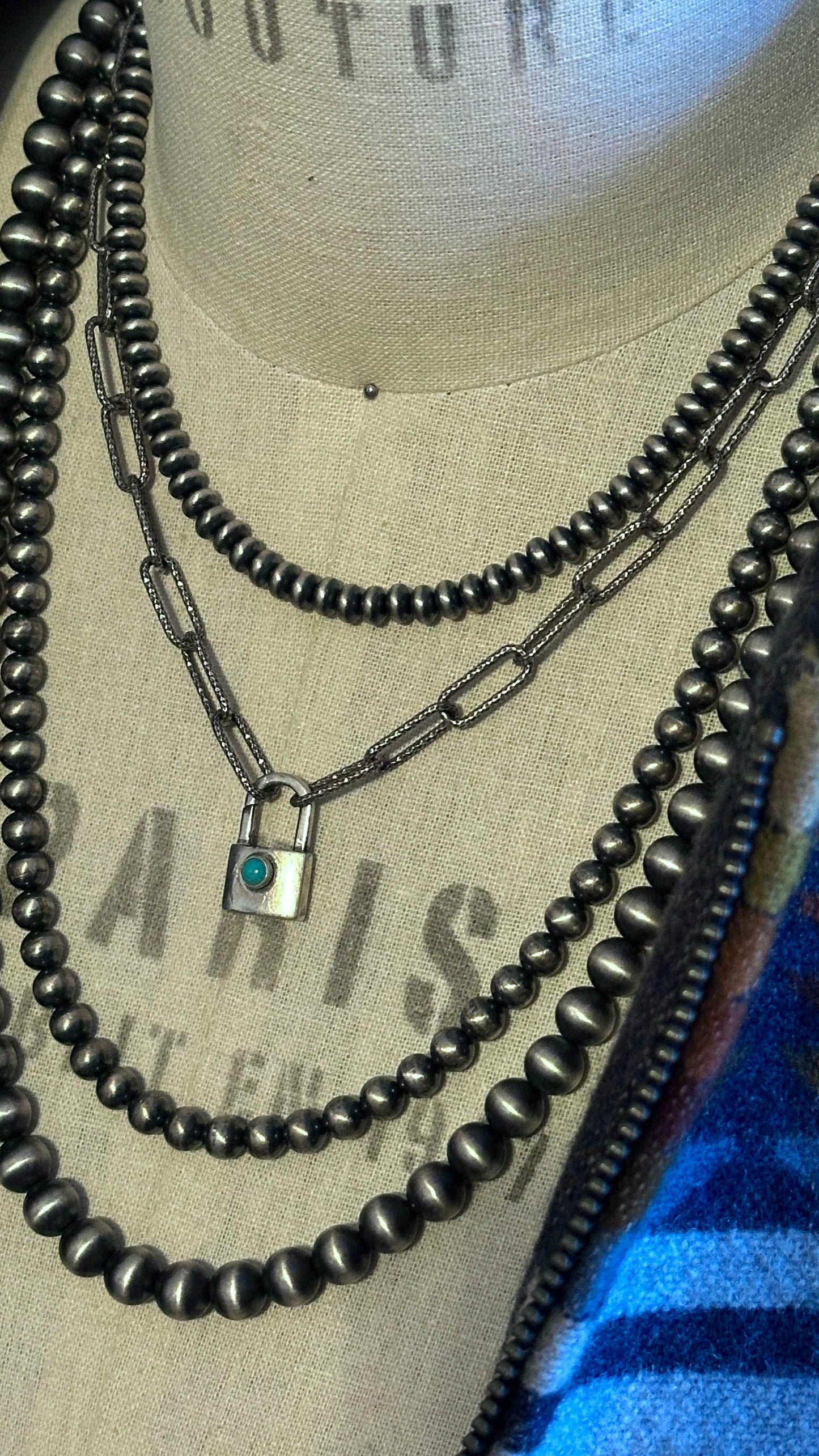 Sterling Silver Mini Padlock with Kingman Turquoise on Paperclip Chain