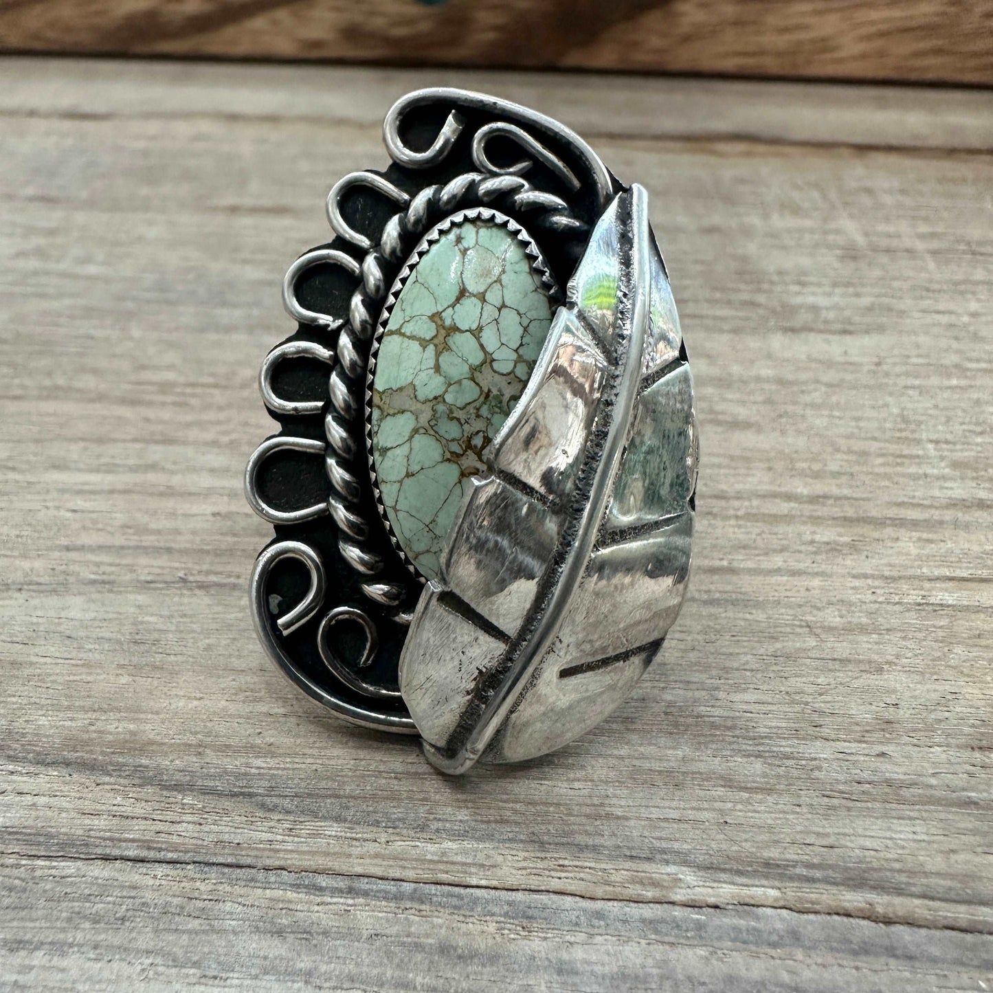 Size 7 Sterling Silver Statement Ring with a Gorgeous Variscite Stone - High Voltage Ranch