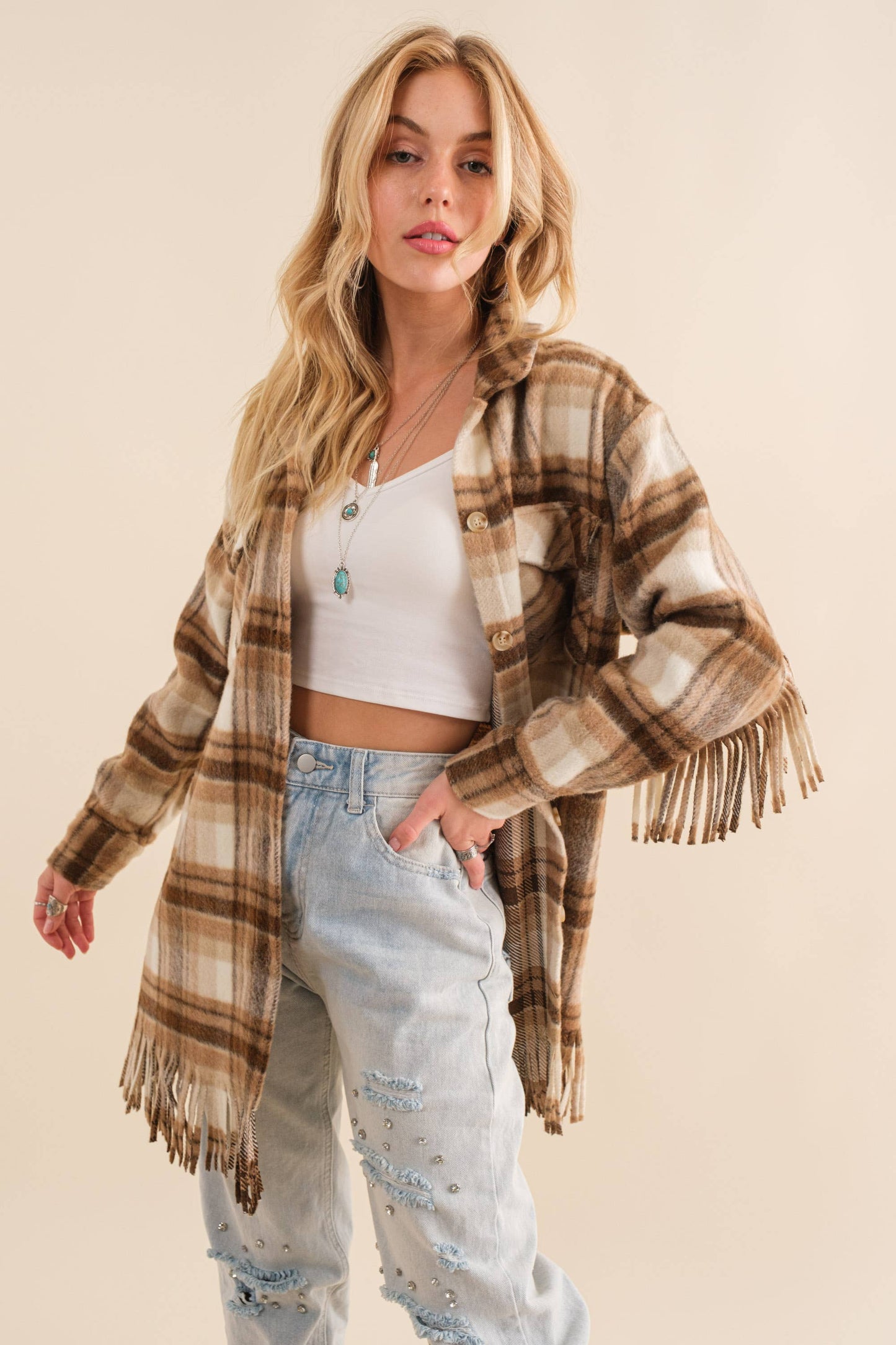 Brown Plaid Fringe Flannel Jacket