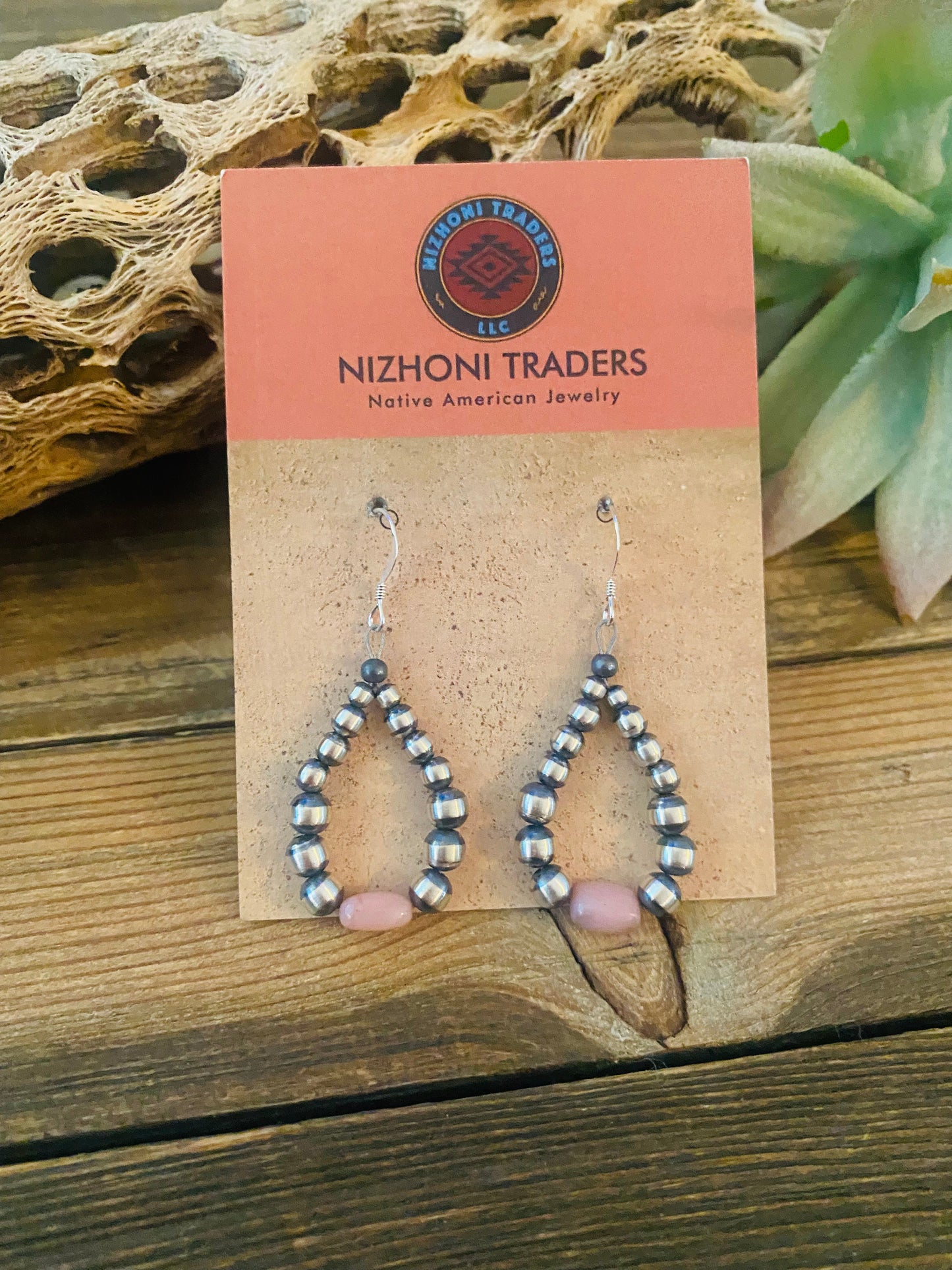 Navajo Sterling Silver Pearl & Pink Opal Dangle Hoop Earrings