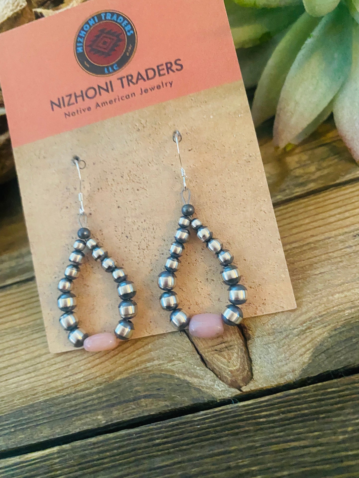 Navajo Sterling Silver Pearl & Pink Opal Dangle Hoop Earrings
