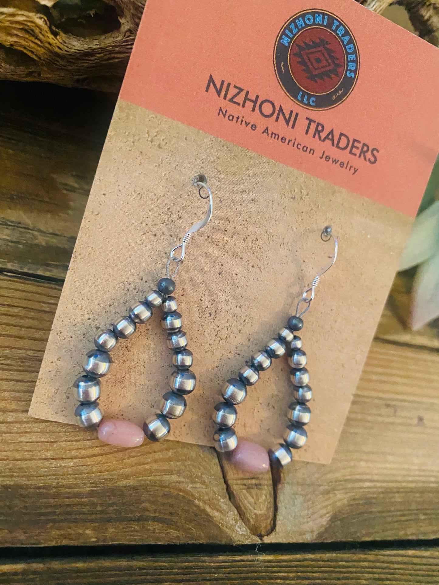 Navajo Sterling Silver Pearl & Pink Opal Dangle Hoop Earrings