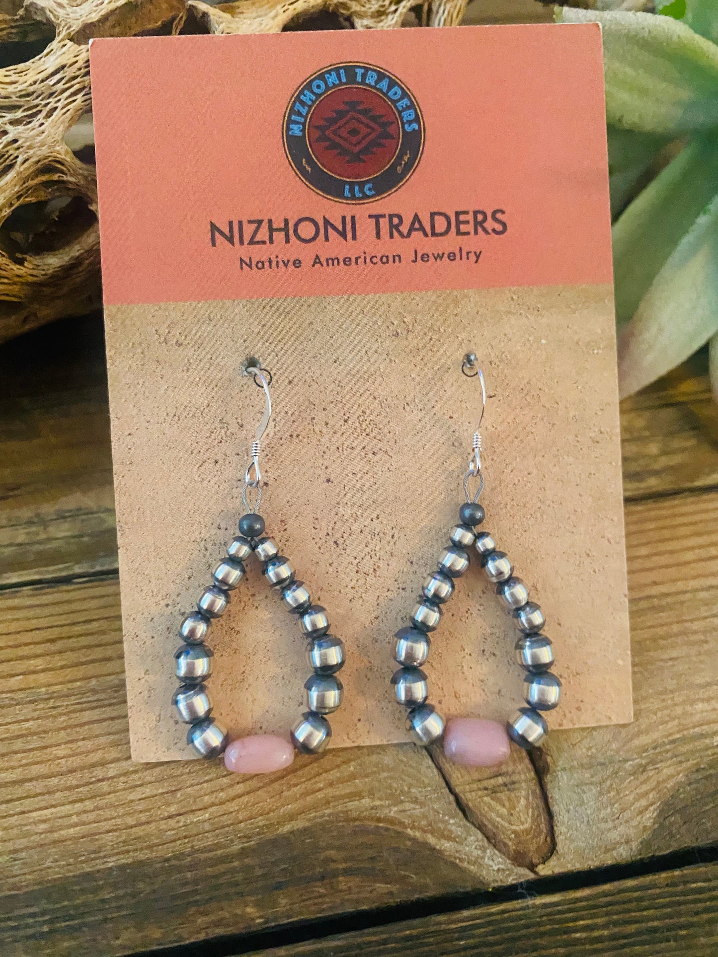 Navajo Sterling Silver Pearl & Pink Opal Dangle Hoop Earrings