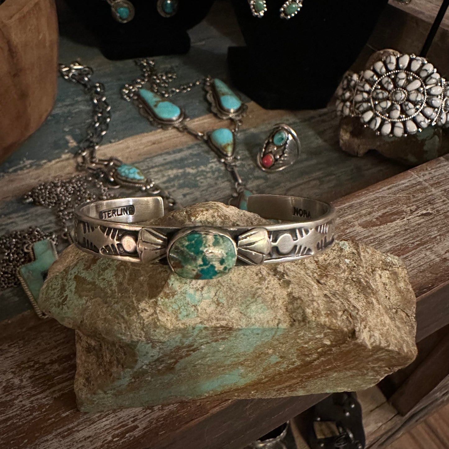 Thick Navajo Hand Stamped Cuff with Kingman Turquoise High Voltage Ranch
