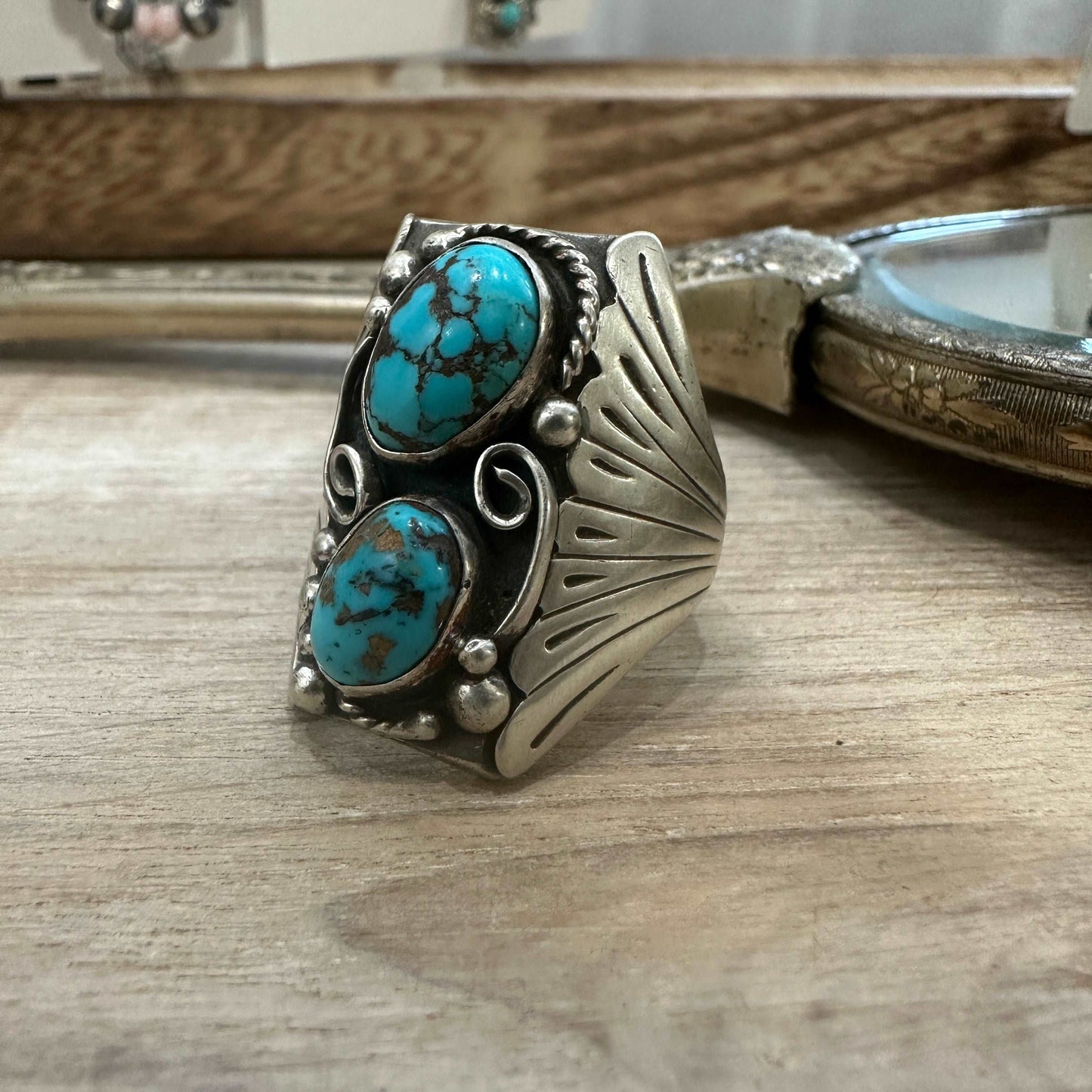 Size 11.5 Navajo Sterling Silver Vintage Turquoise Ring - High Voltage Ranch