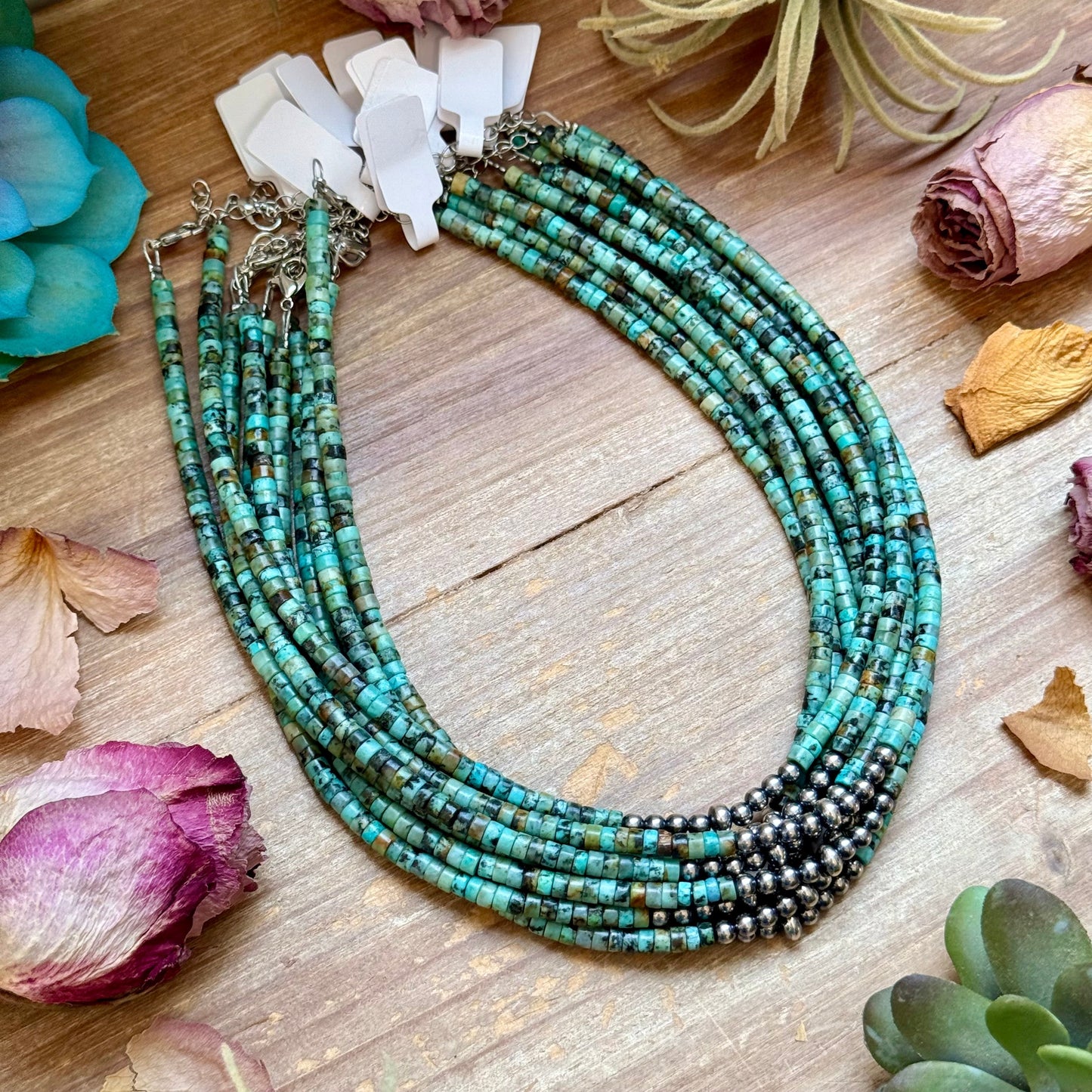 African Turquoise Heishi & Sterling Silver Pearl Necklace - 14”