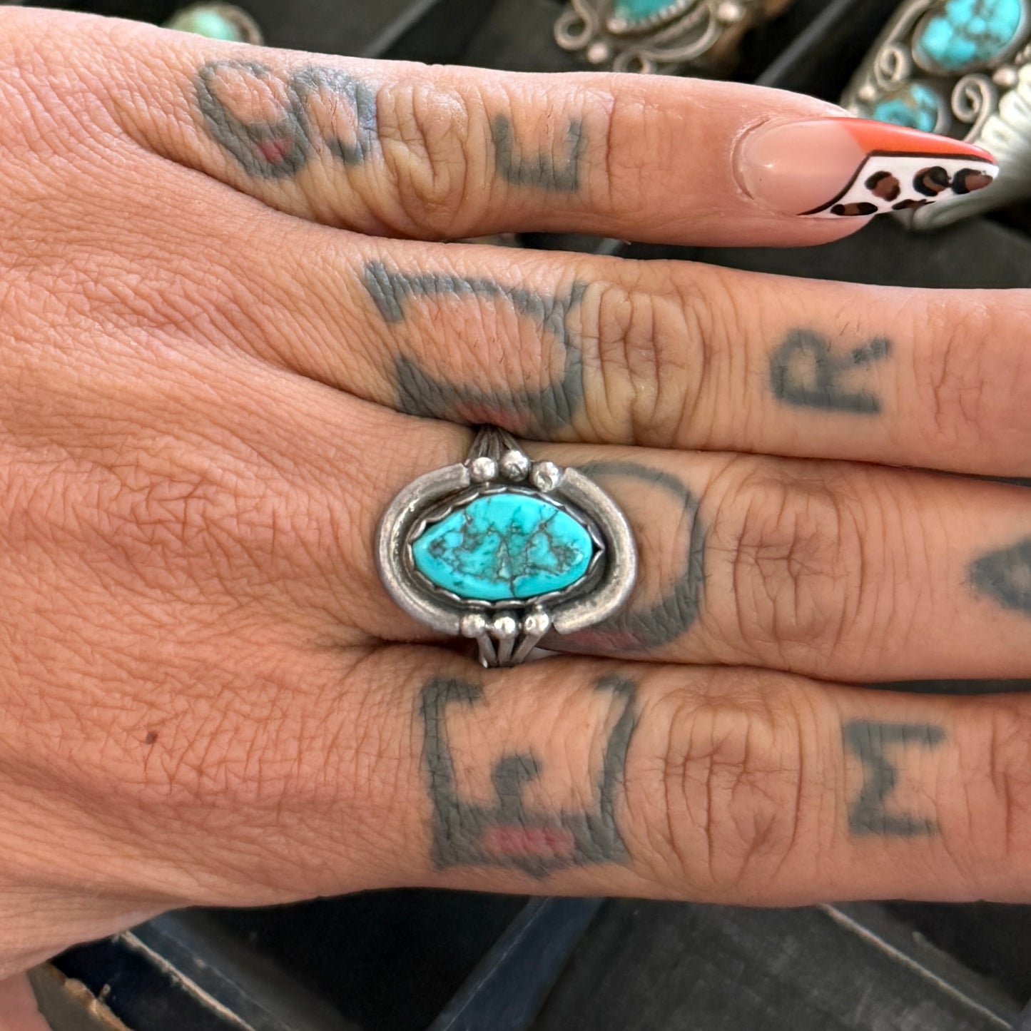 Size 9 Vintage Navajo Sterling Silver Turquoise Ring