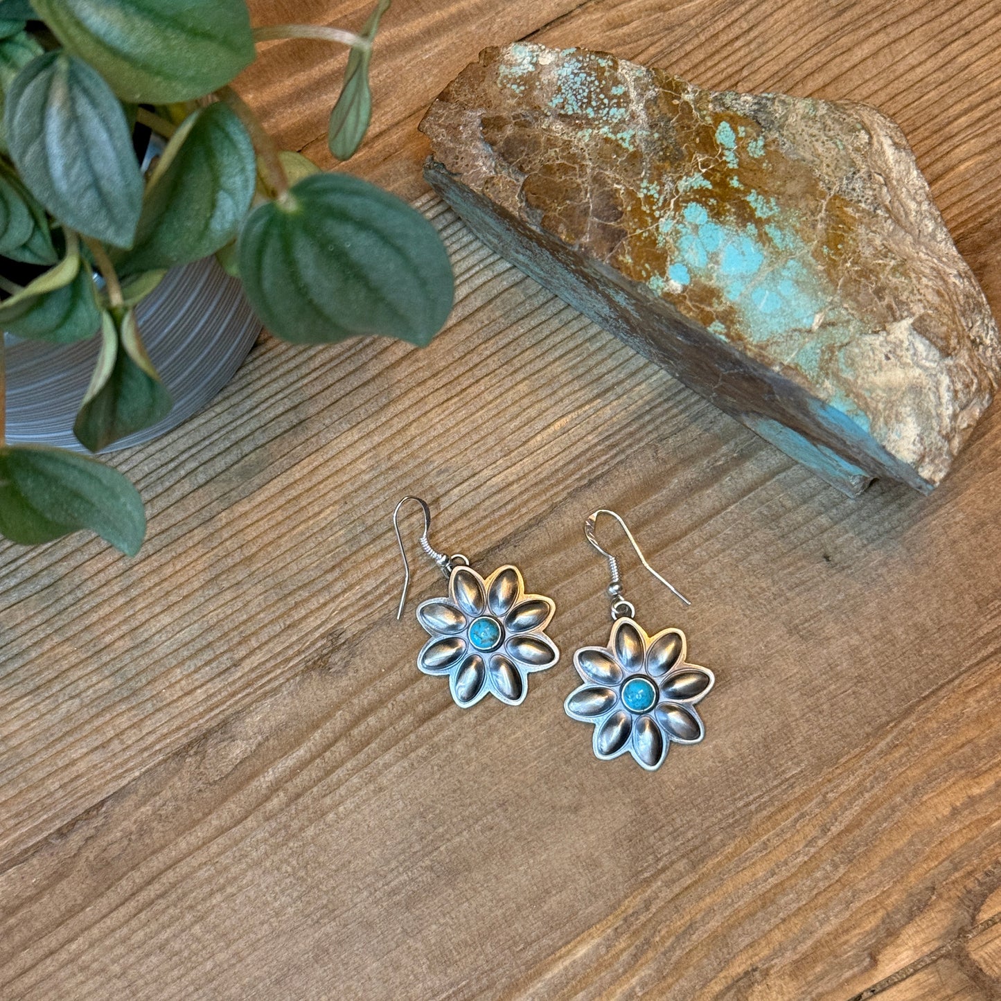 Sterling Silver Flower Earrings with Kingman Turquoise