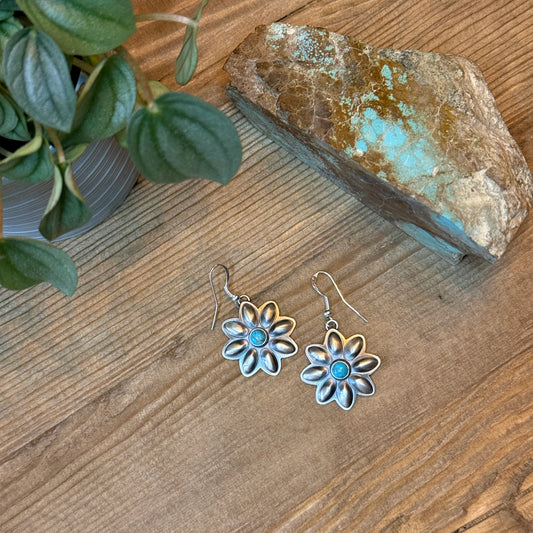 Sterling Silver Flower Earrings with Kingman Turquoise