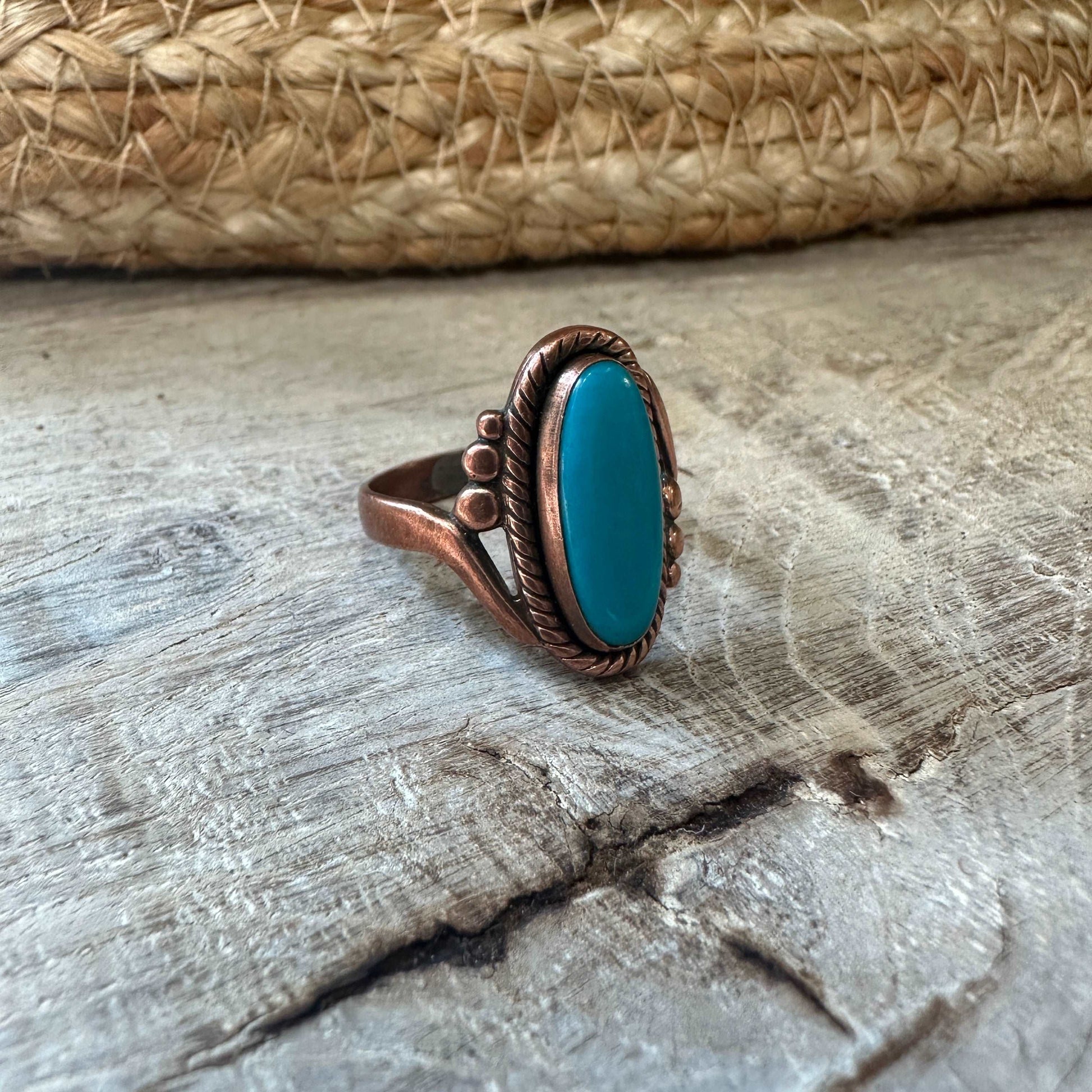 Size 7.5 Vintage Native American Copper Turquoise Ring - High Voltage Ranch