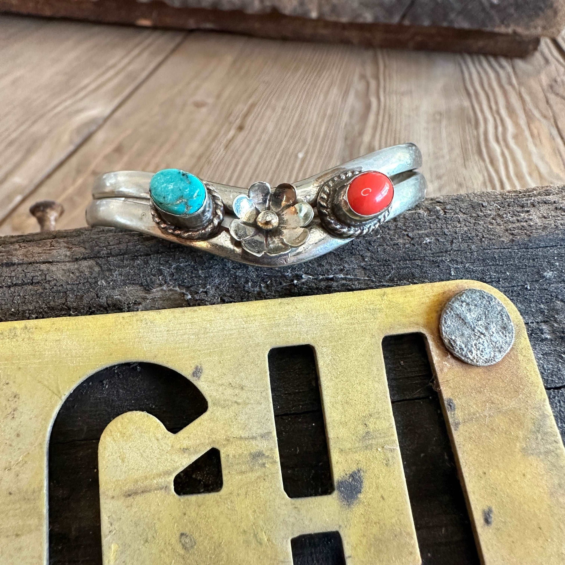 Vintage Mexico Sterling Turquoise and Coral Chevron Silver Cuff Bracelet - High Voltage Ranch