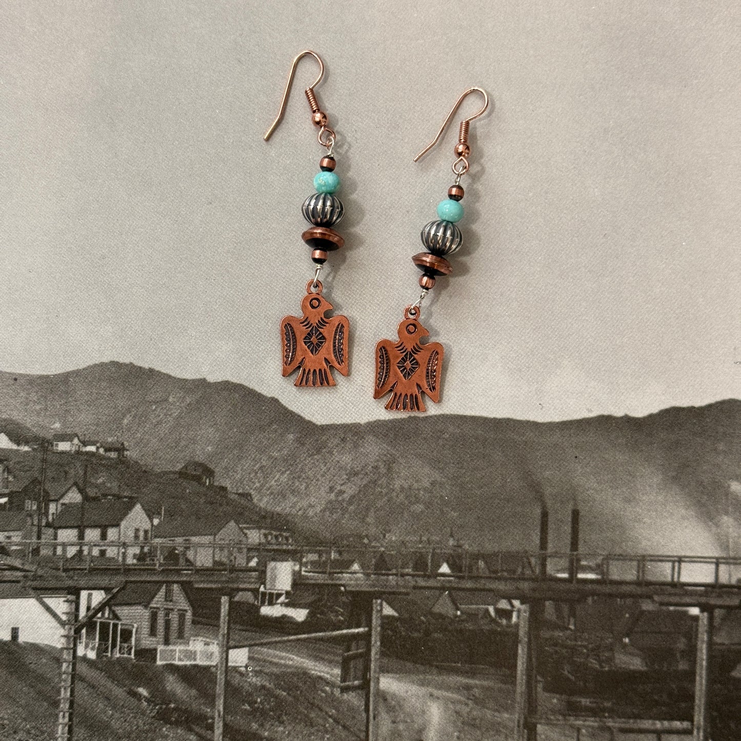 Copper, Sterling Silver, and Turquoise Thunderbird Earrings