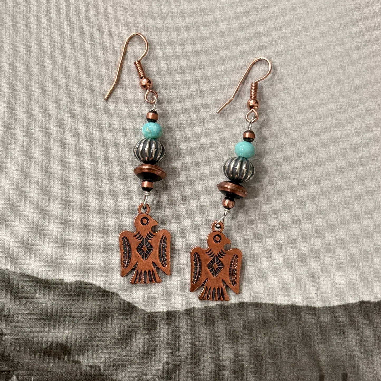 Copper, Sterling Silver, and Turquoise Thunderbird Earrings