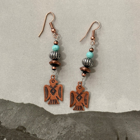 Copper, Sterling Silver, and Turquoise Thunderbird Earrings