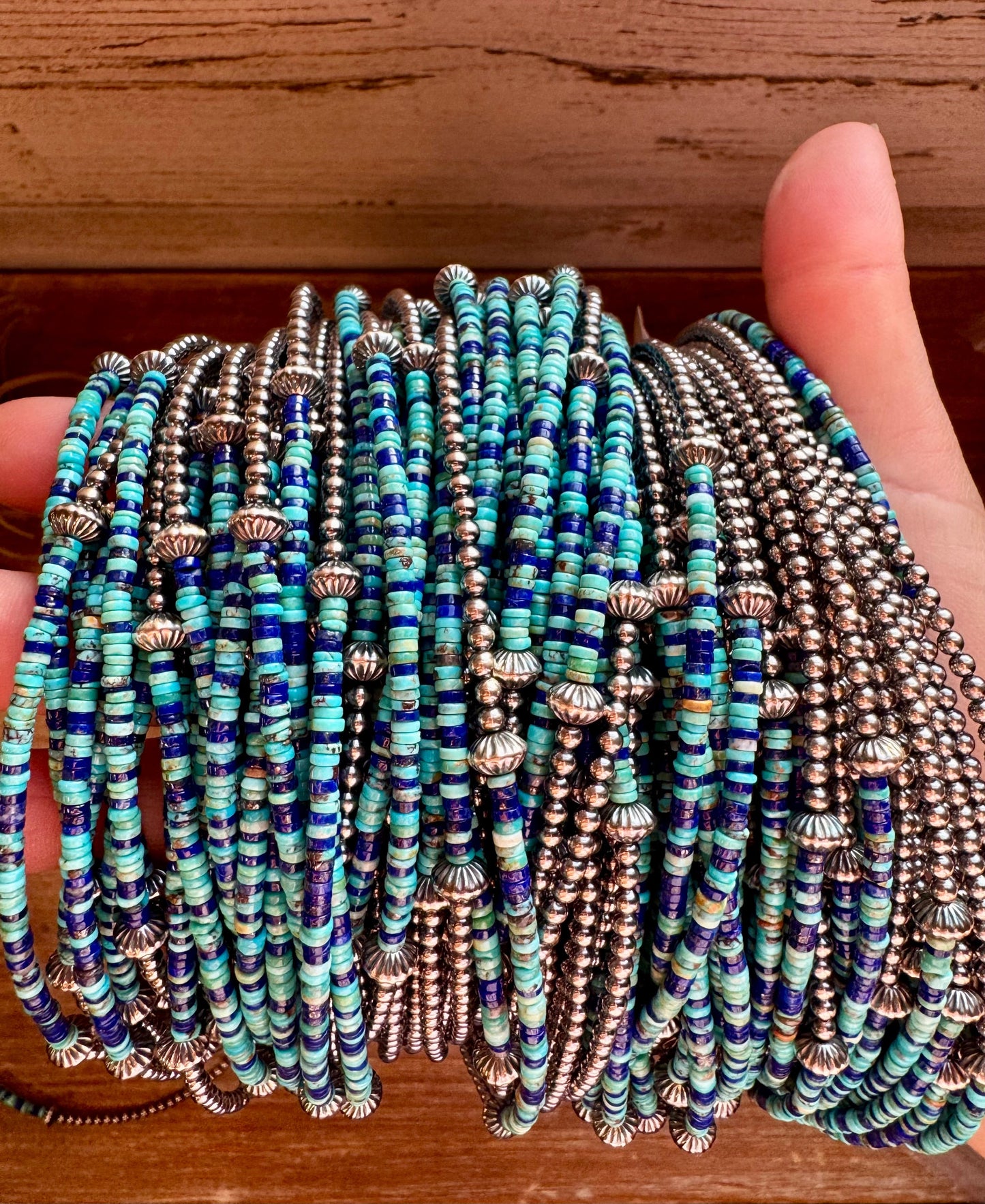 Lapis & Turquoise Heishi Choker with Sterling Silver Pearls – 14"