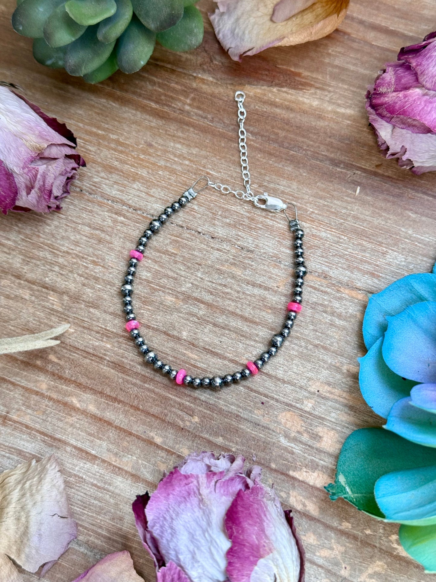 Pink Ethiopian Opal Bracelet with Sterling Silver Pearls