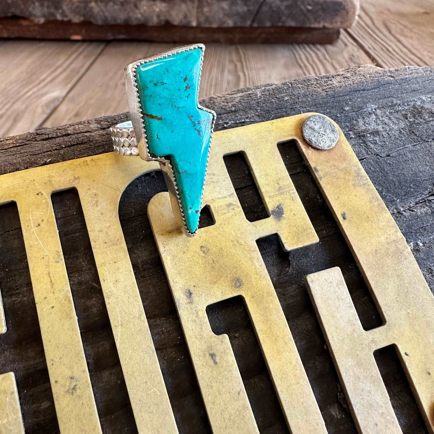 Size 8.25 Handcrafted Sterling Silver Turquoise Bolt Ring - High Voltage Ranch