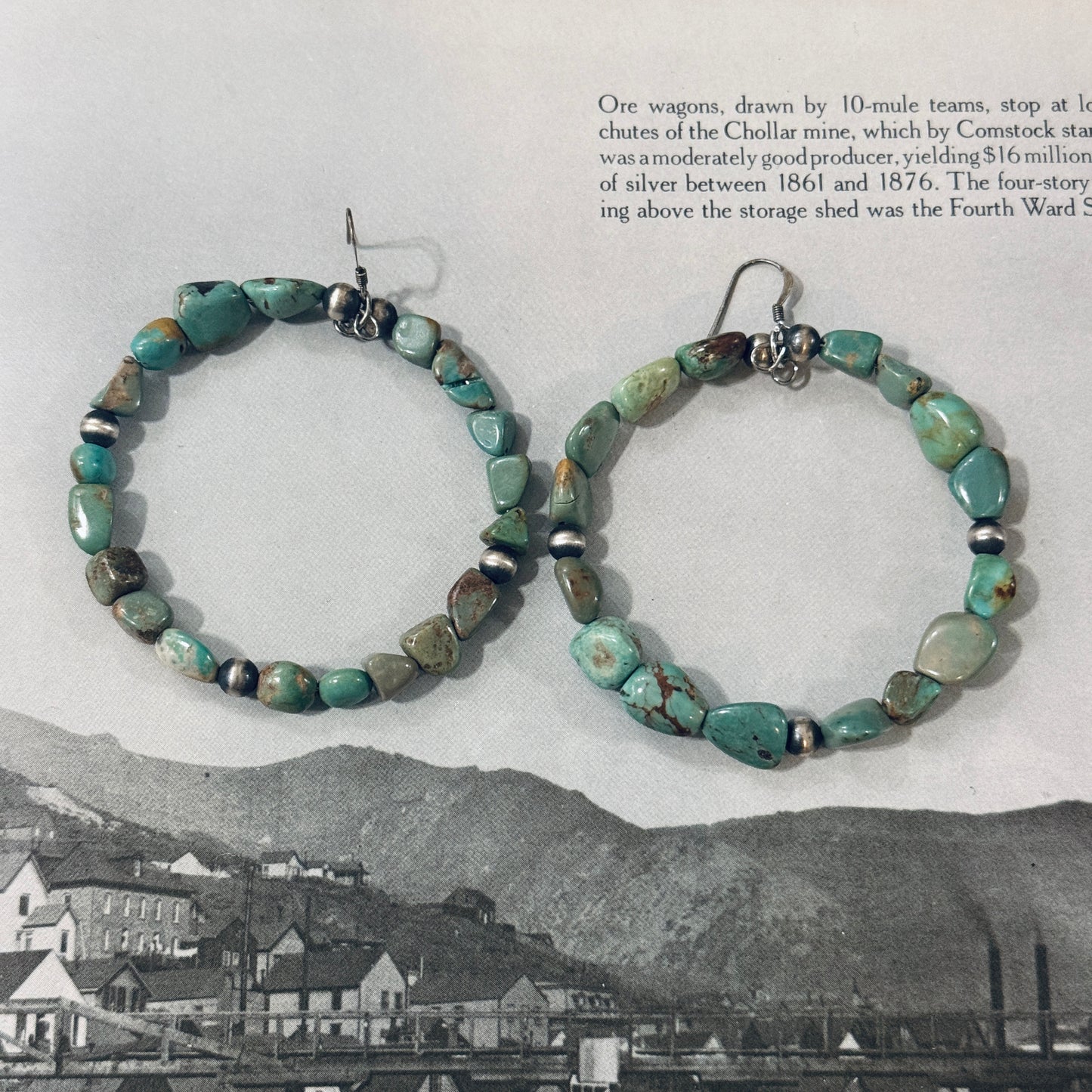 Chunky Earthy Turquoise and Sterling Desert Pearl Hoop Earrings