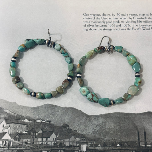 Chunky Earthy Turquoise and Sterling Desert Pearl Hoop Earrings