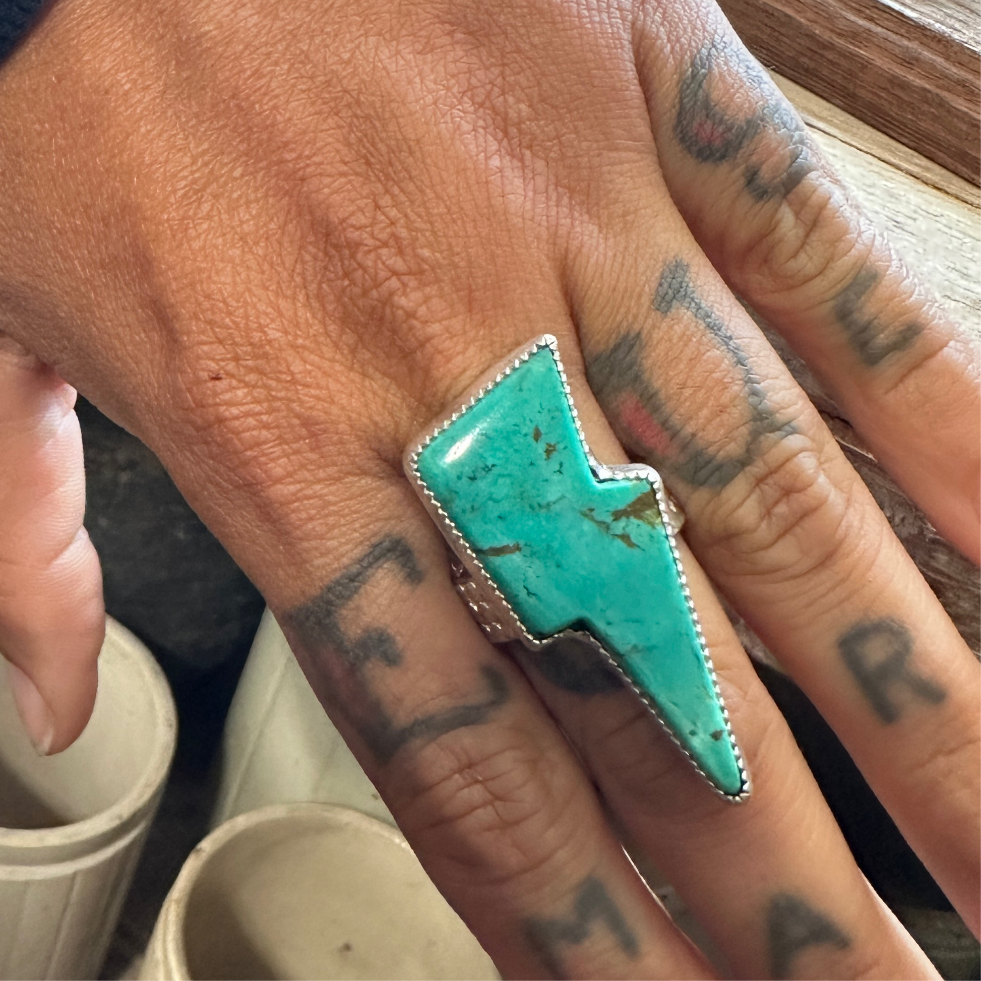 Size 8.25 Handcrafted Sterling Silver Turquoise Bolt Ring - High Voltage Ranch