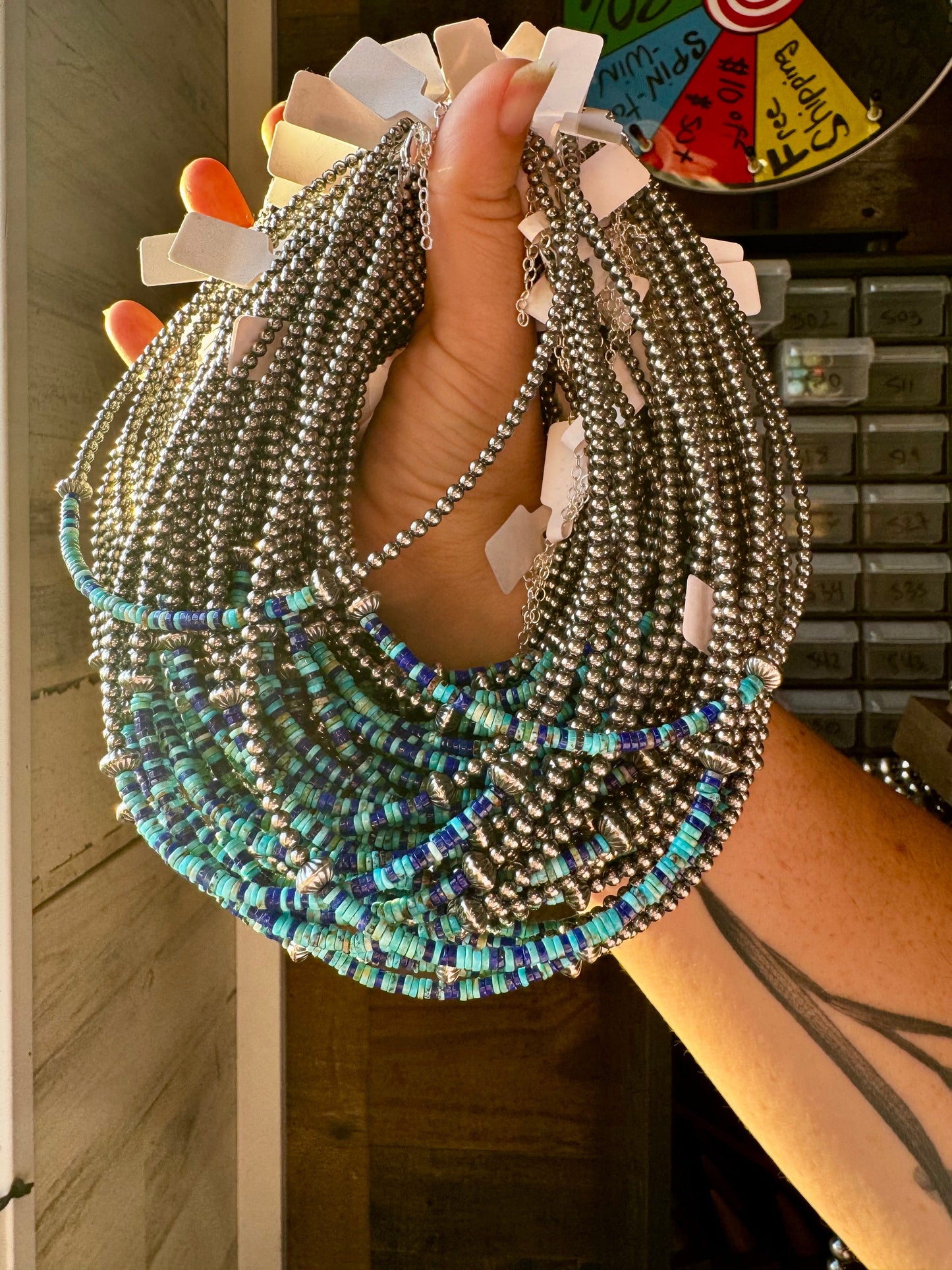 Lapis & Turquoise Heishi Choker with Sterling Silver Pearls – 14"