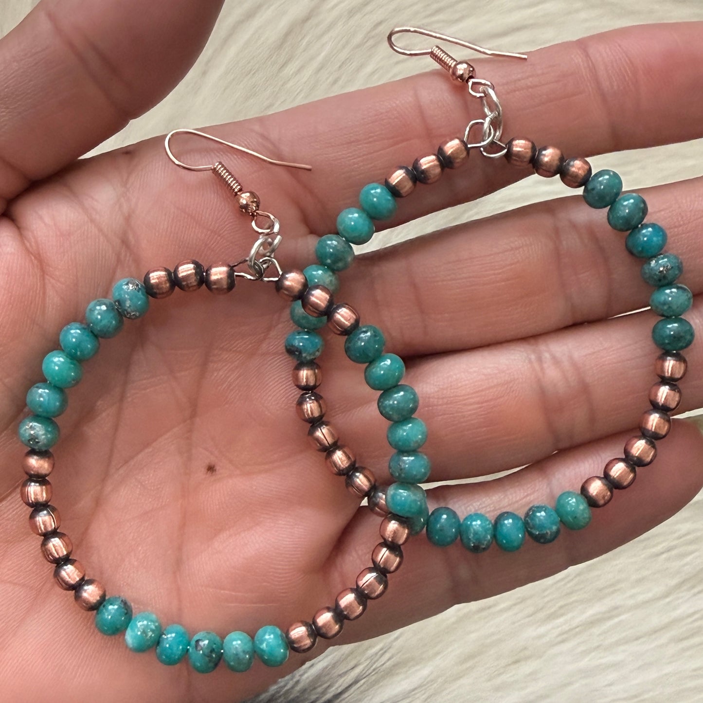 Copper Desert Pearl and Turquoise Bead Hoop Earrings