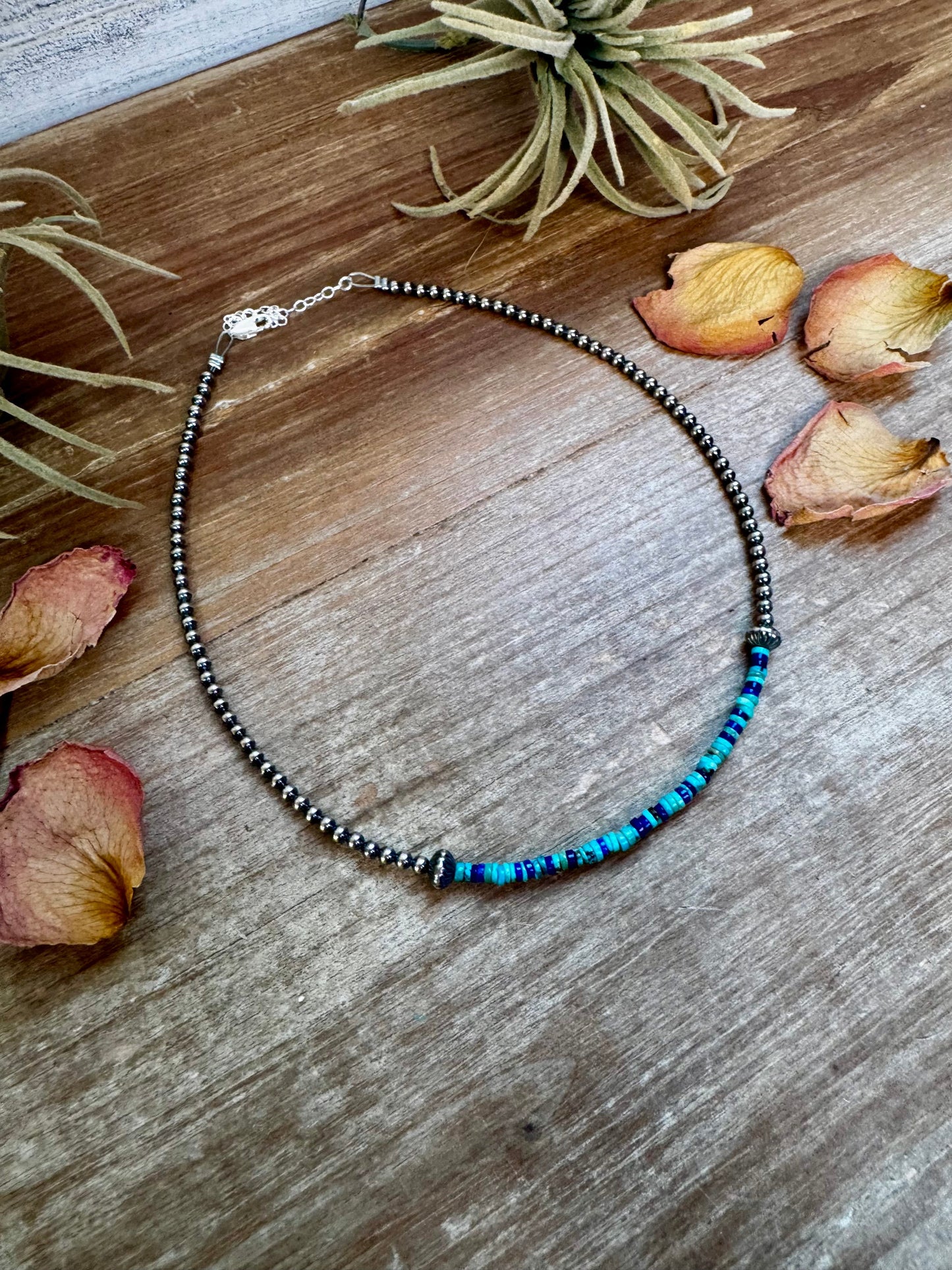 Lapis & Turquoise Heishi Choker with Sterling Silver Pearls – 14"