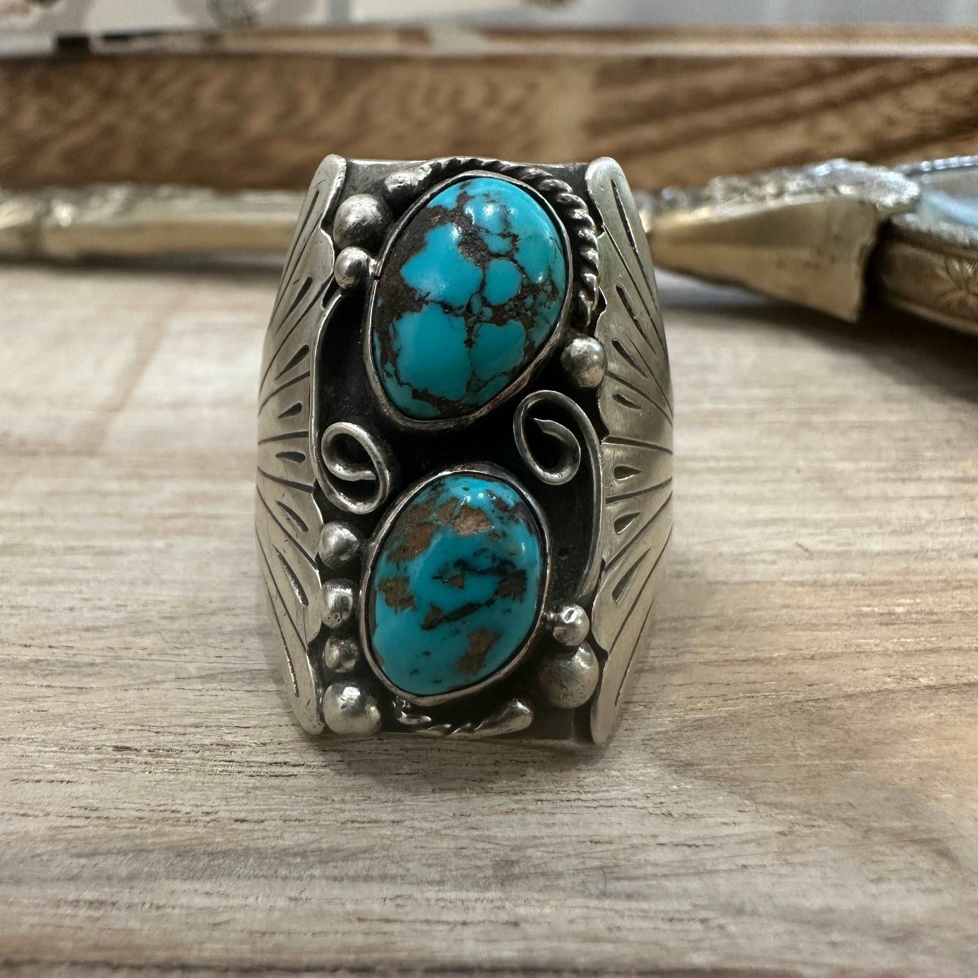 Size 11.5 Navajo Sterling Silver Vintage Turquoise Ring - High Voltage Ranch