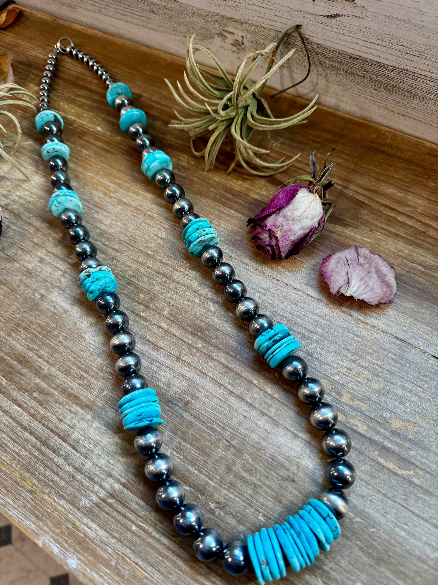 Bold Sterling Silver and Turquoise Desert Pearl Necklace