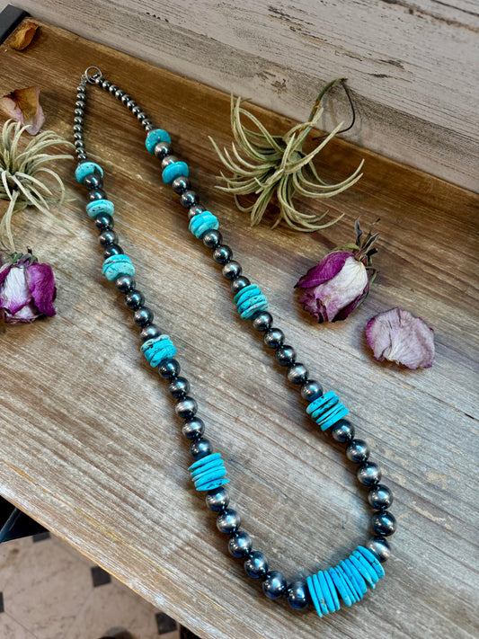 Bold Sterling Silver and Turquoise Desert Pearl Necklace