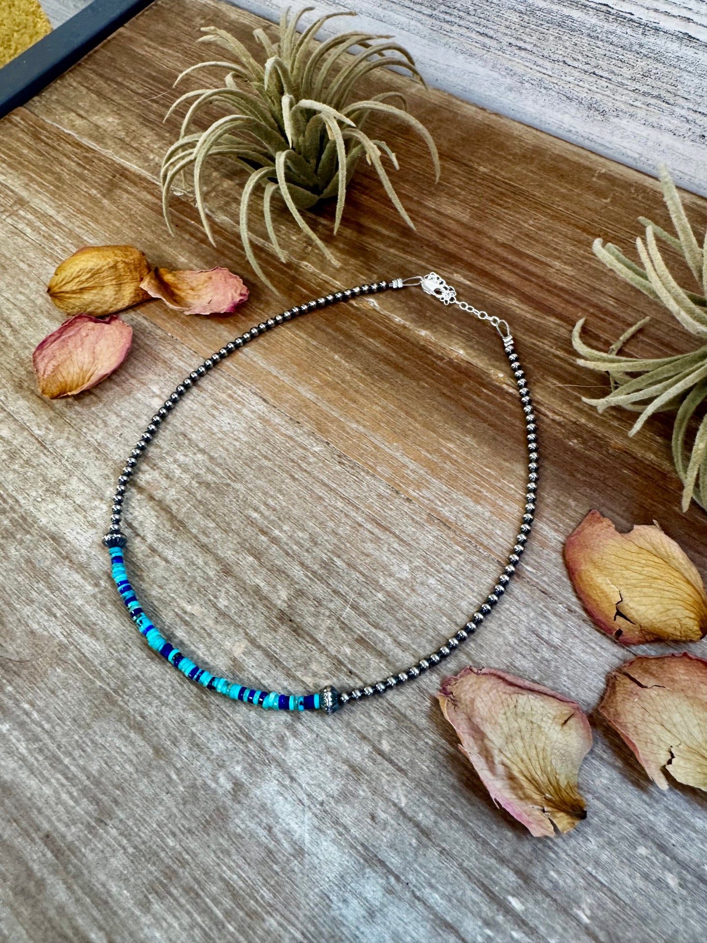 Lapis & Turquoise Heishi Choker with Sterling Silver Pearls – 14"